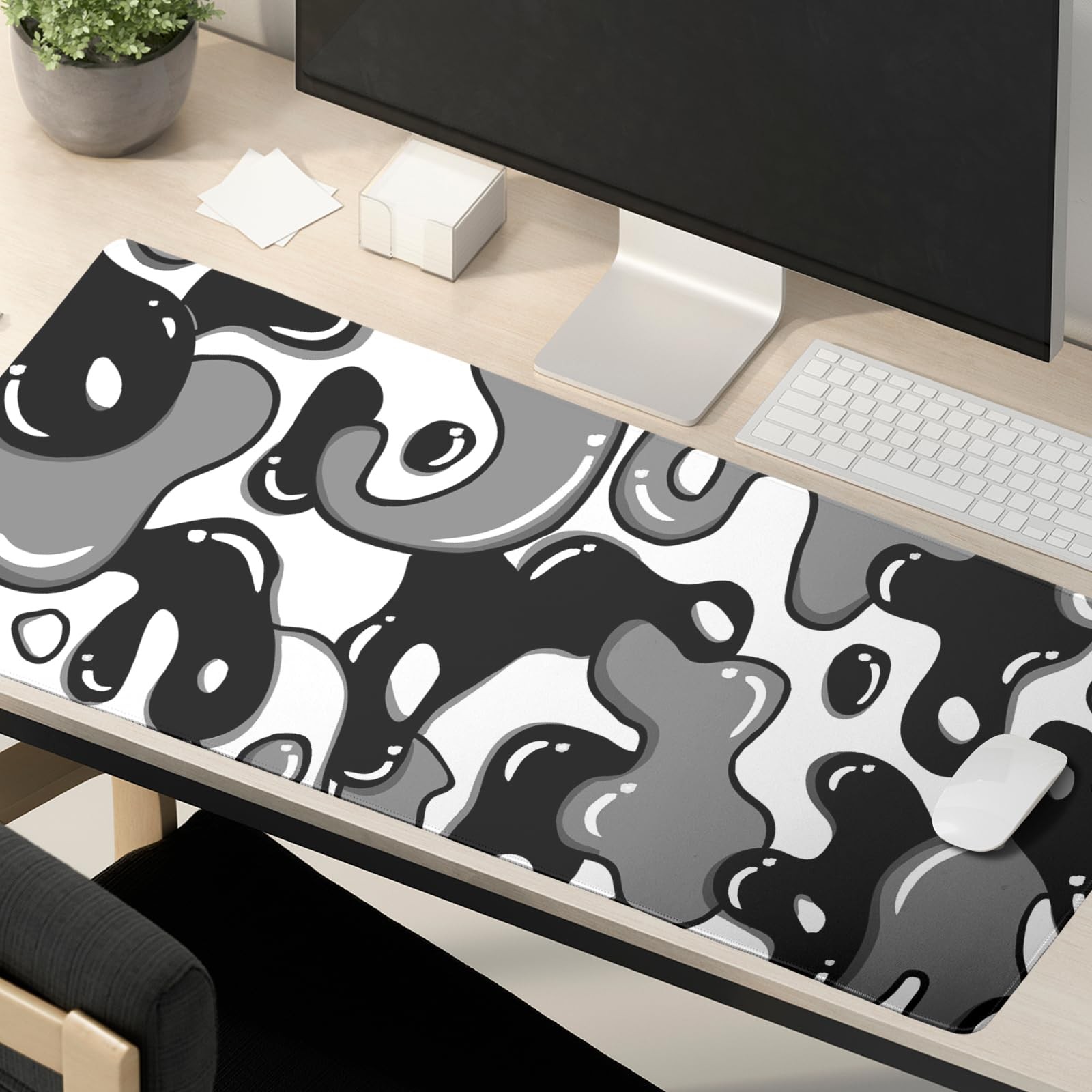 Black White Geometric Japanese Mouse Pad Desk Mat 35.4" x 15.7" Abstract Exte...