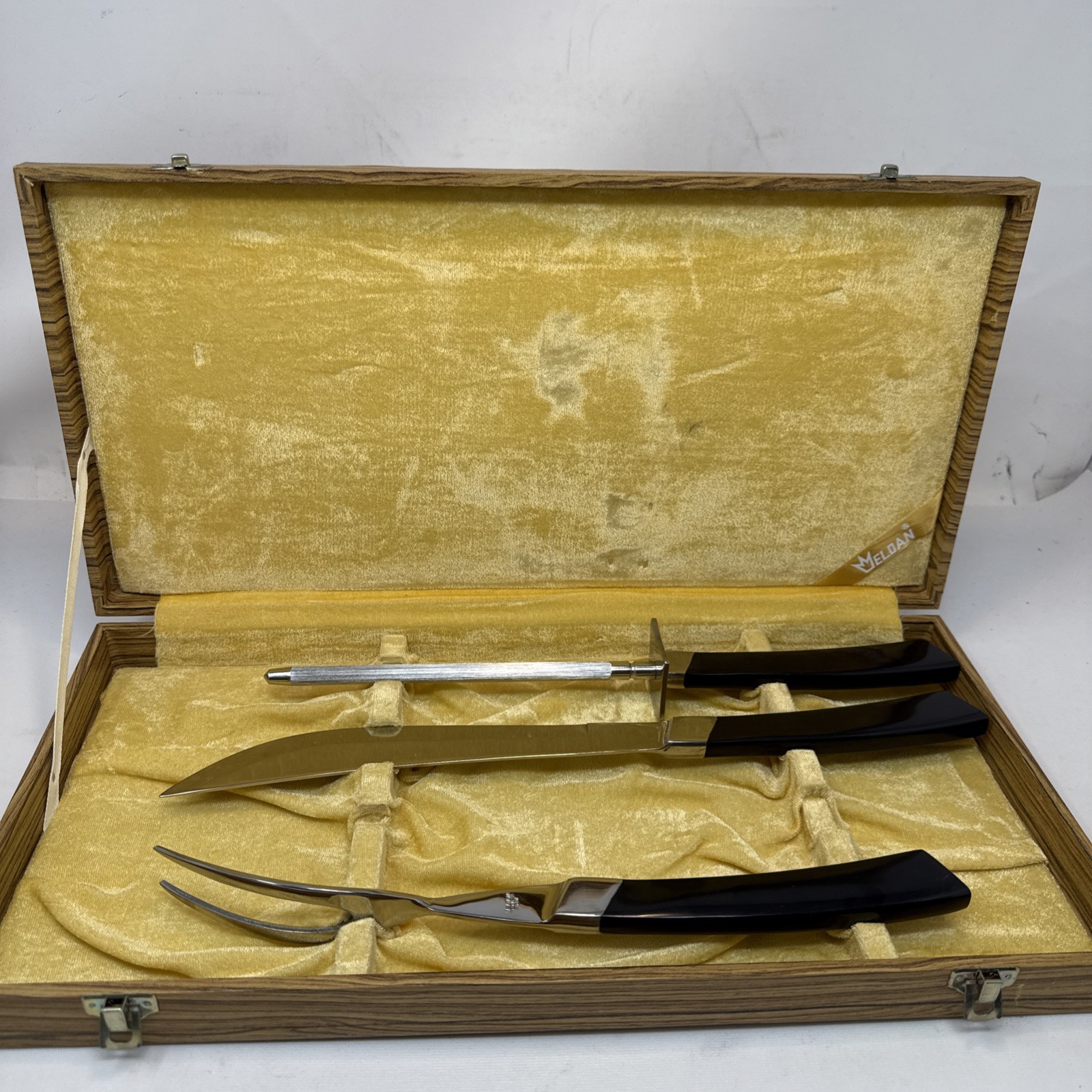 Vintage Eldan 3 pc Dinner Carving Set - Knife, Fork & Sharpener
