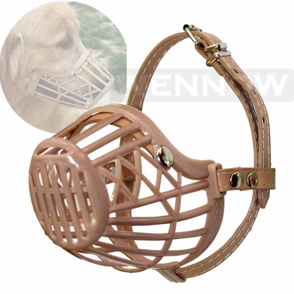 Basket Dog Muzzle Adjustable Leather Strap Pet Dog Grooming No Bark Bite Beige