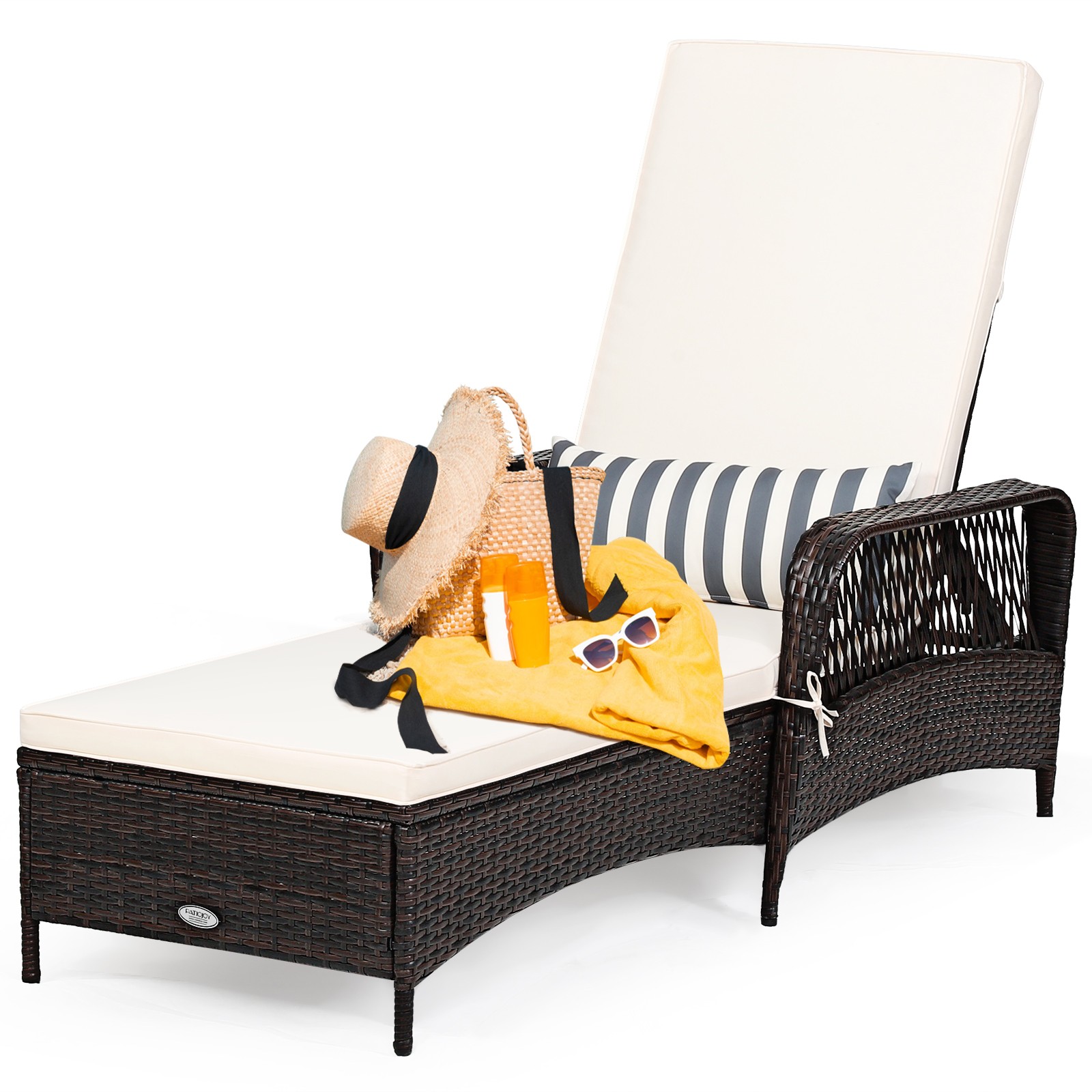 Patiojoy PE Rattan Chaise Lounge Chair Armrest Recliner Adjustable Pillow White