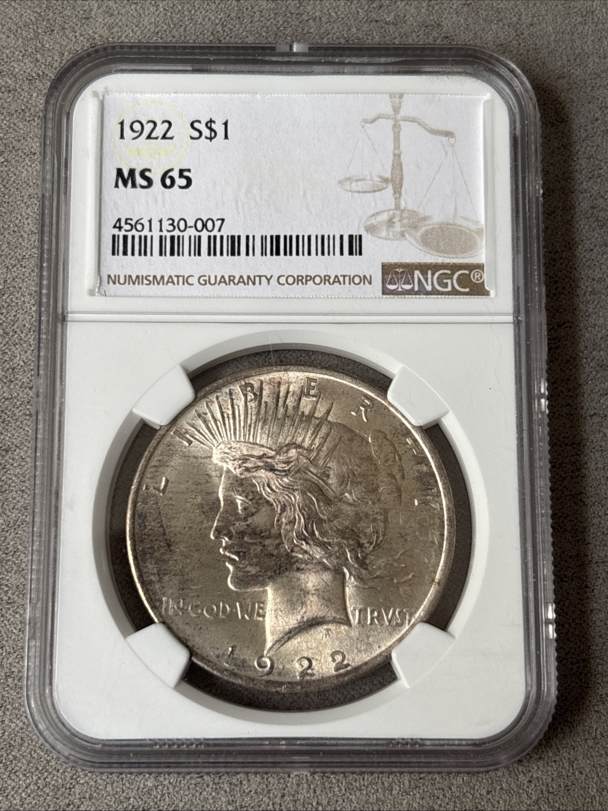 1922 $1 Peace Silver Dollar NGC Certified MS65