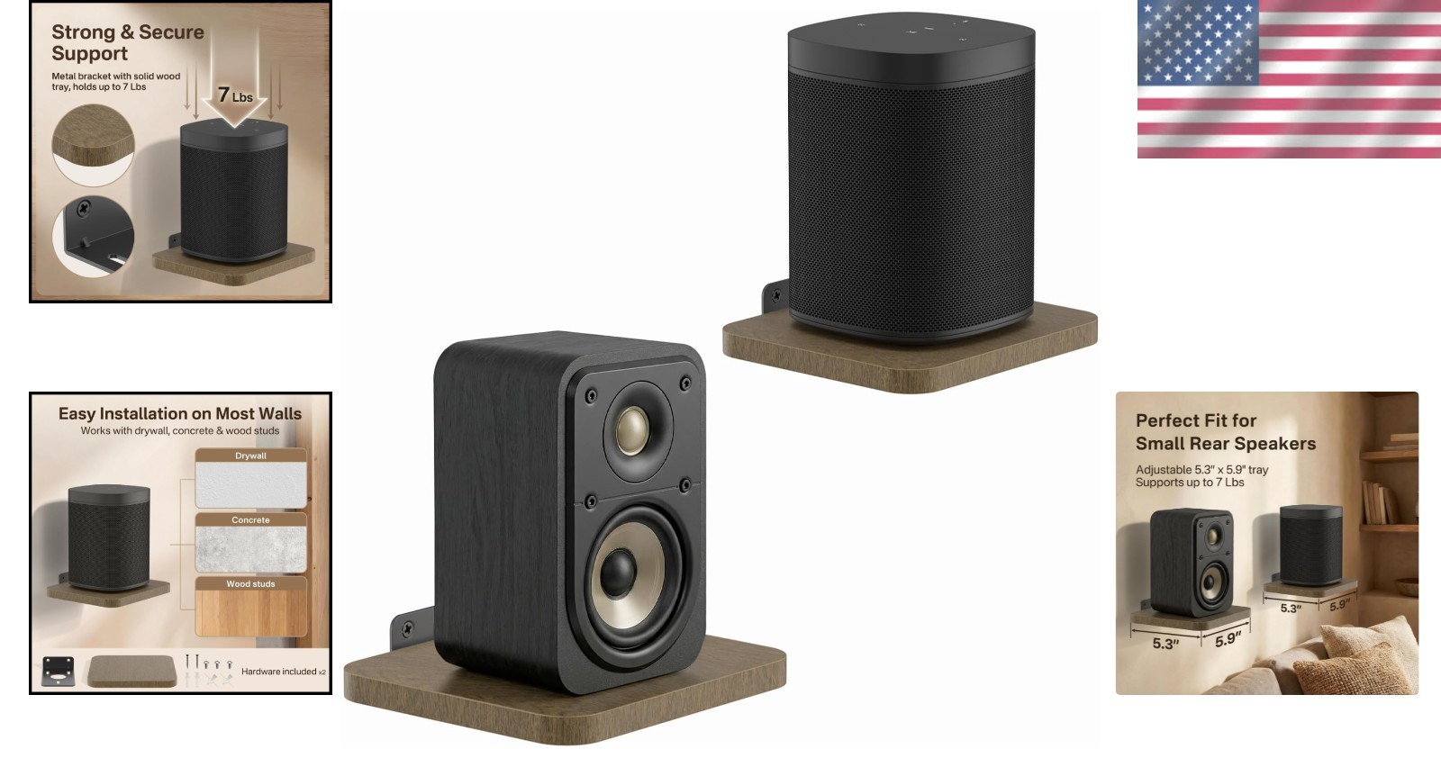 Compact Adjustable Speaker Wall Mount for 7 lbs - Easy Installation Included