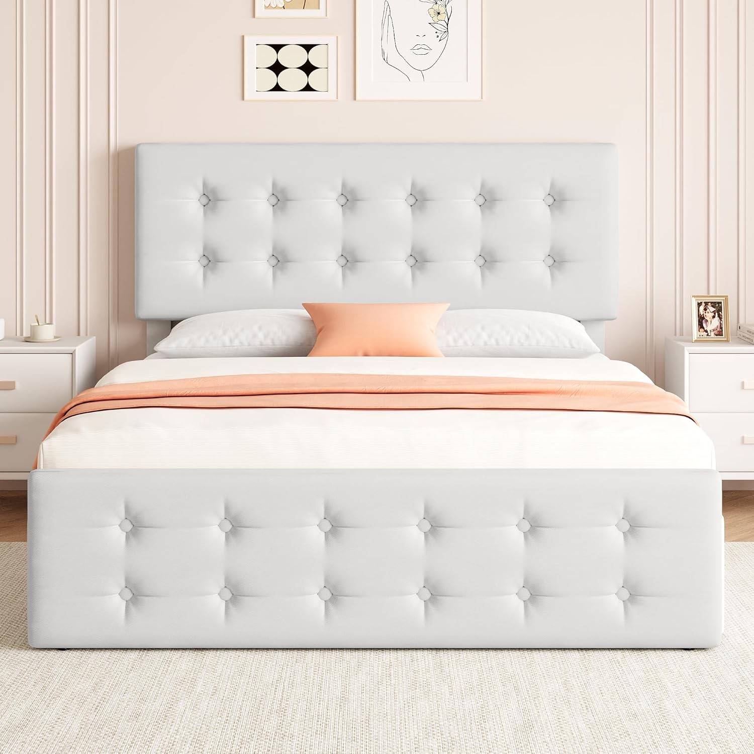 Full Size Bed Frame with 4 Storage Drawers and Adjustable Upholstered Headboard