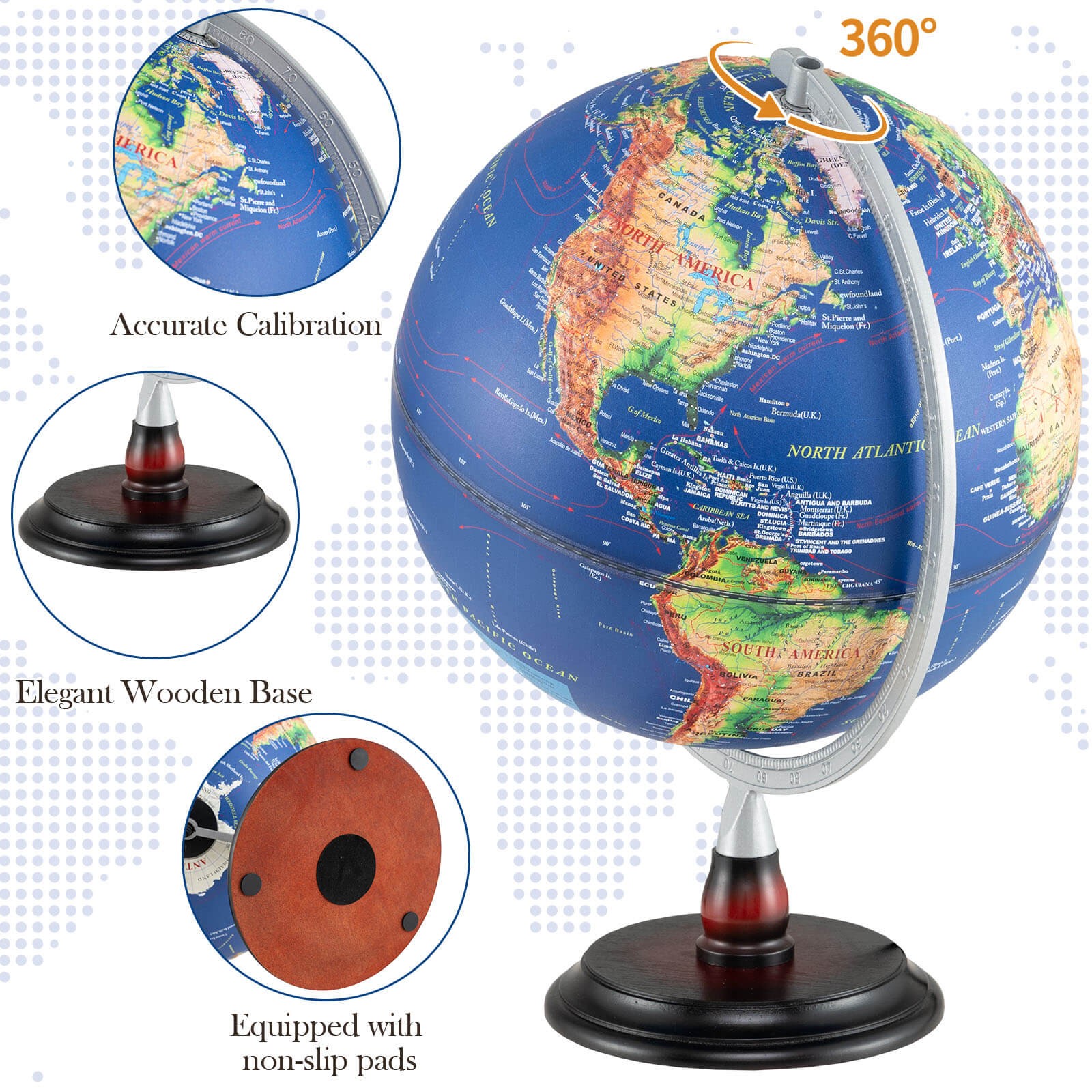 12" Illuminated World Globe w/Raised Relief LED Lights & Time Zone Non-Slip Base