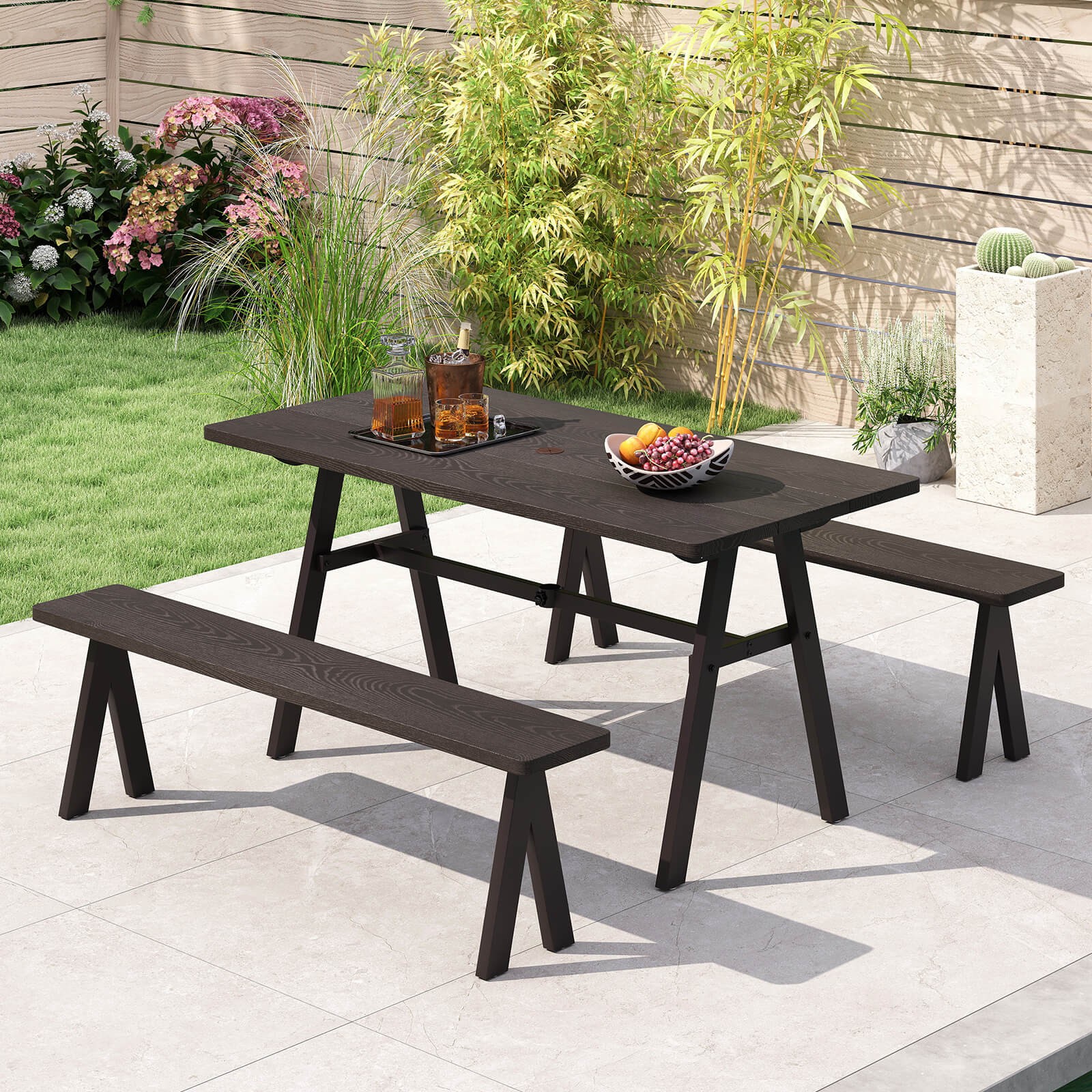 59" x 29.5" Rectangle Rustproof Patio Dining Table with 1.93" Umbrella Hole