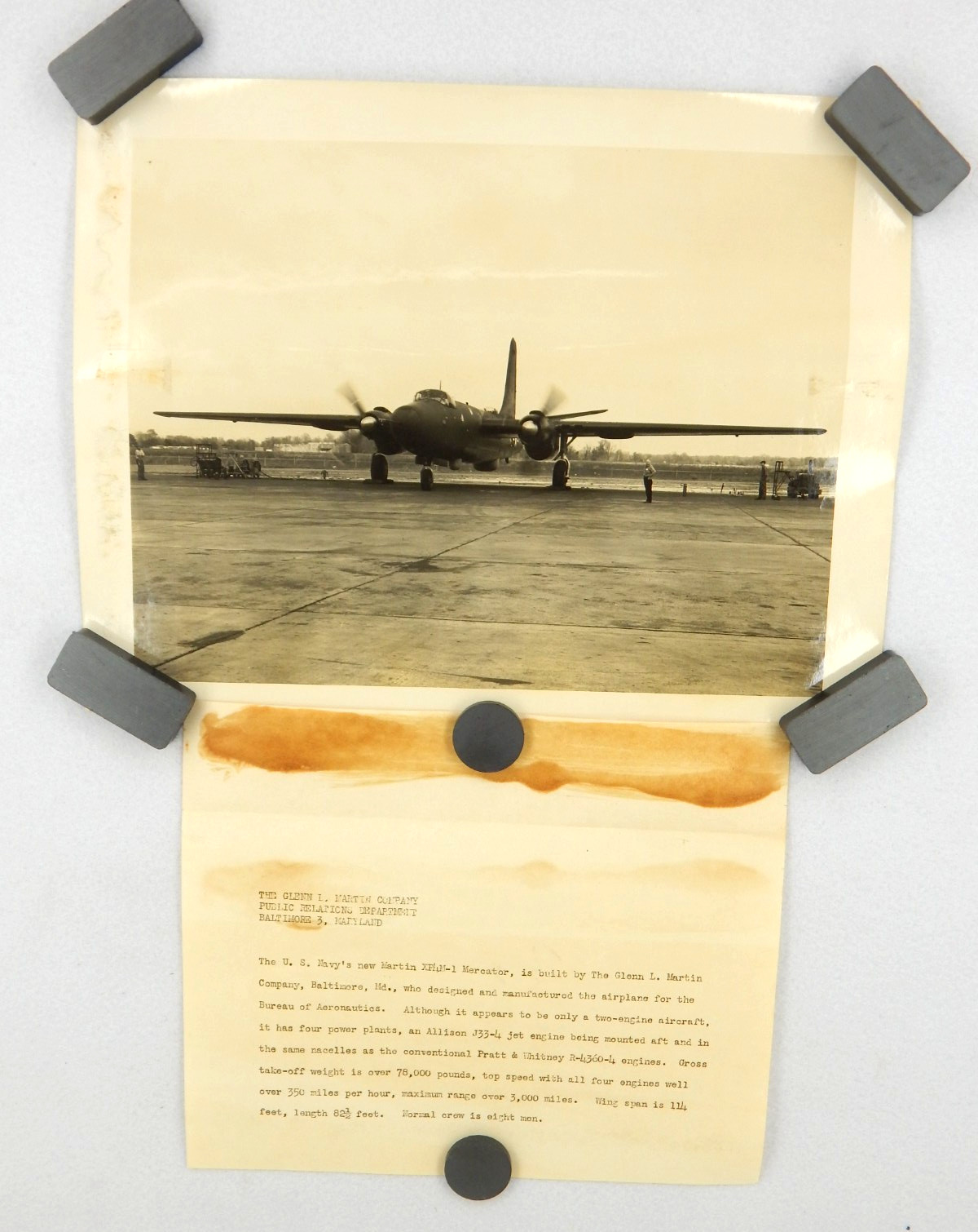 Martin Co. Aircraft Public Relations 8x11 Photo XP4M-1 Mercator with Letter