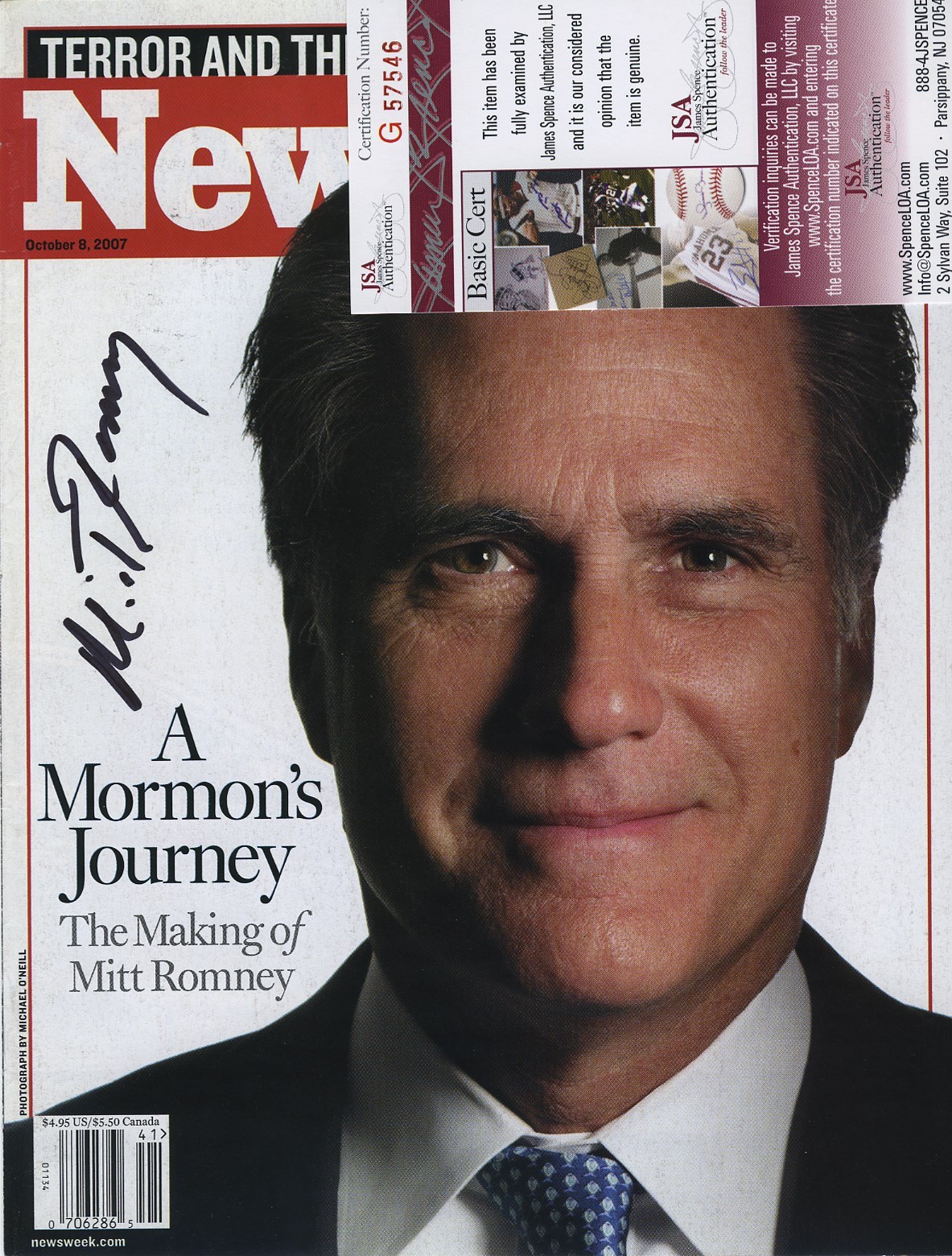 MITT ROMNEY COLOR SIGNED AUTOGRAPHED NEWSWEEK COVER JSA COA