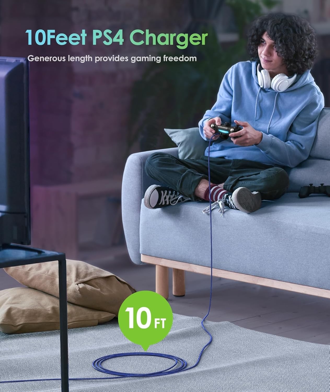 PS4 Controller Charger Charging Cable, 2 Pack 10ft Extra Long Micro USB 2.0 C...