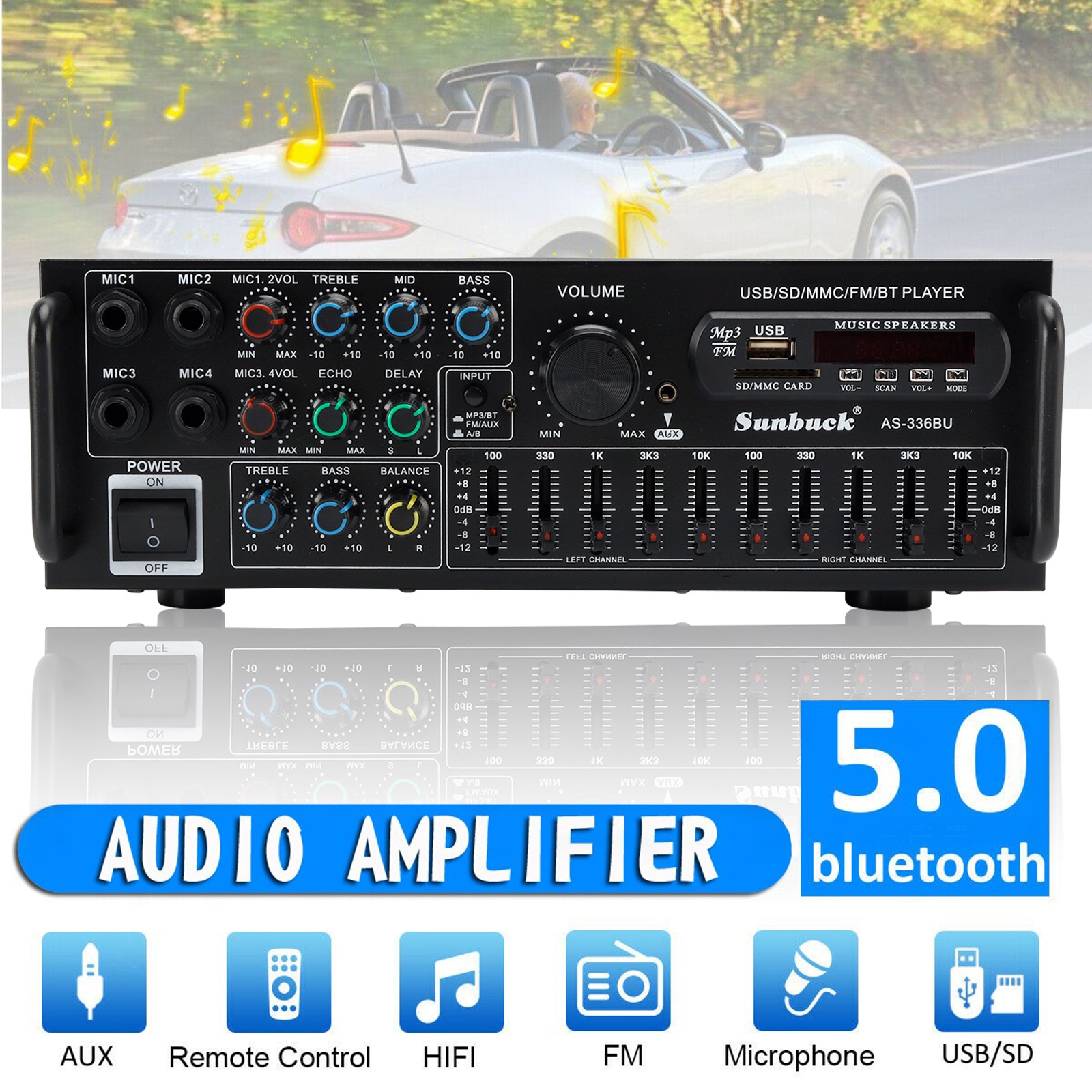 SUNBUCK 400W RMS 2000W Peak Stereo Amp BT 5.0 USB/SD FM Mic Inputs Home Car