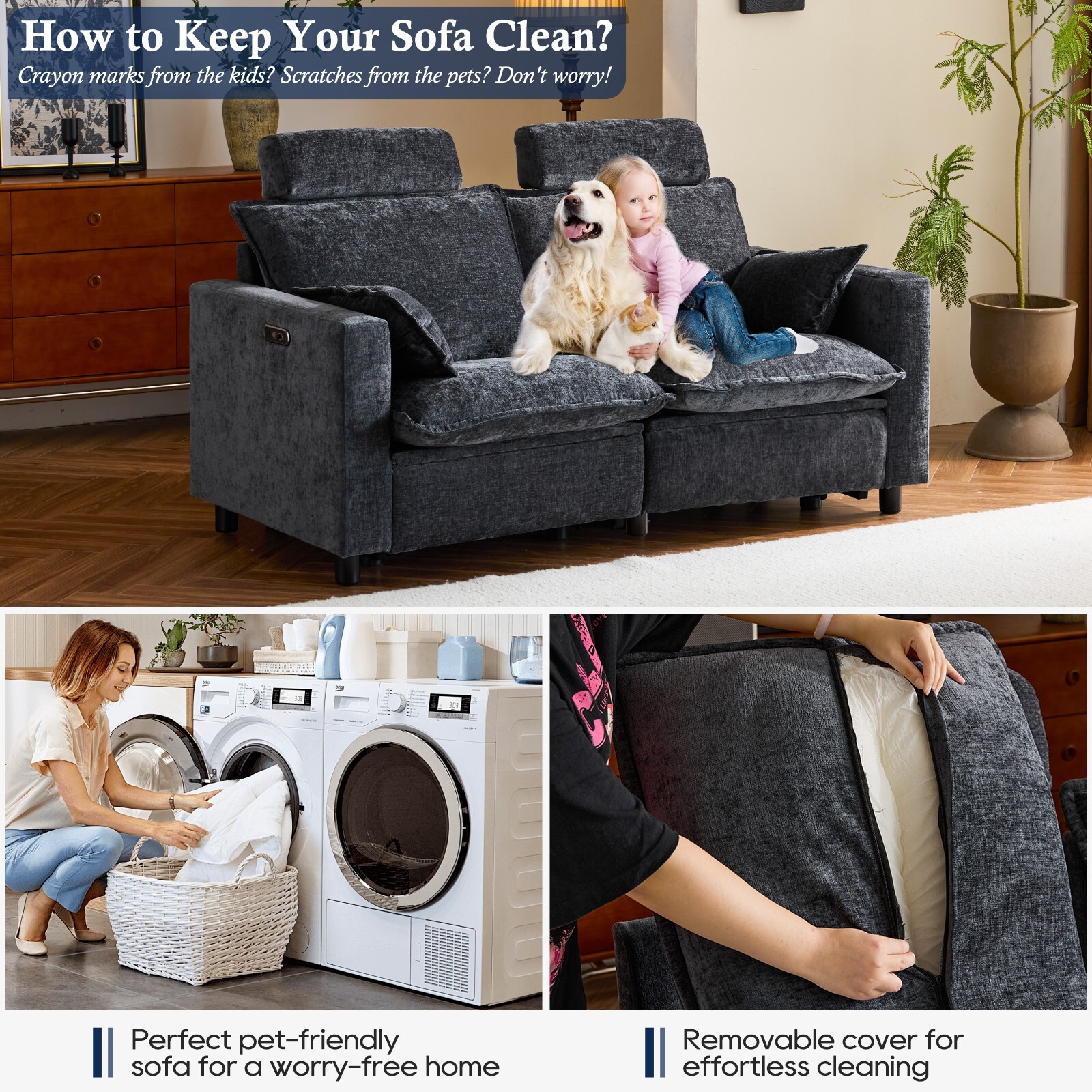 Electric Loveseat Recliner, Power Reclining Sofa with USB Ports, Cloud Couch