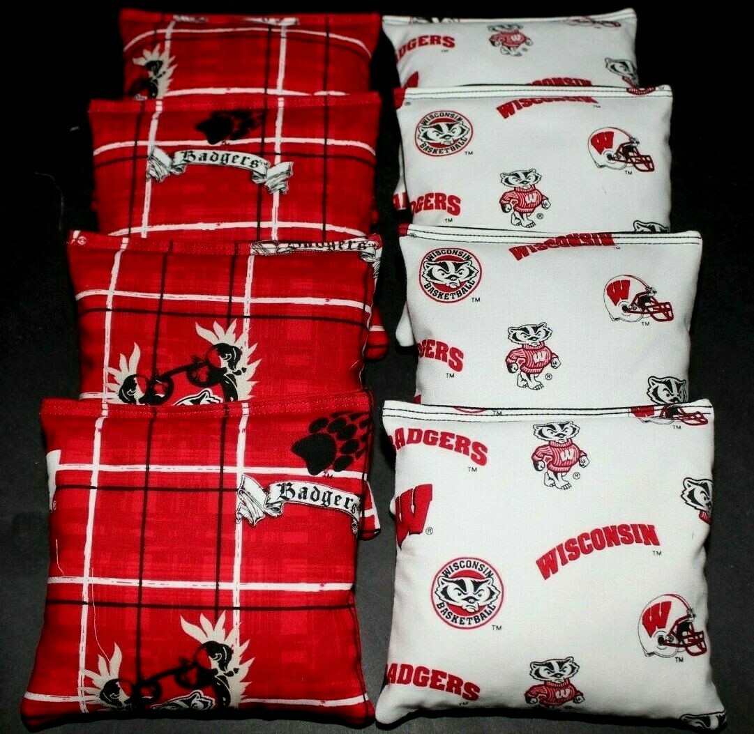 WISCONSIN BADGERS 8 CORNHOLE BEAN BAGS/ BAGGO TOSS Top Quality Handmade!