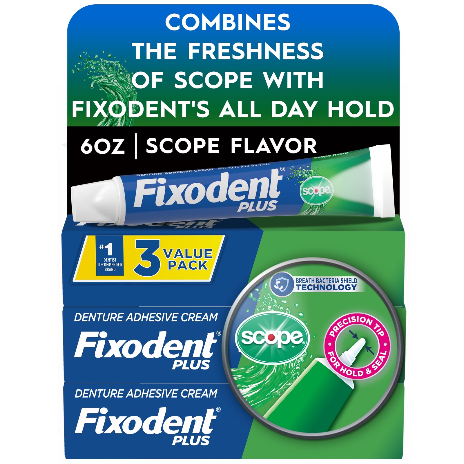 plus Scope Denture Adhesive Cream, Precision Hold, Scope Flavored, 2 Oz, 3 Pack