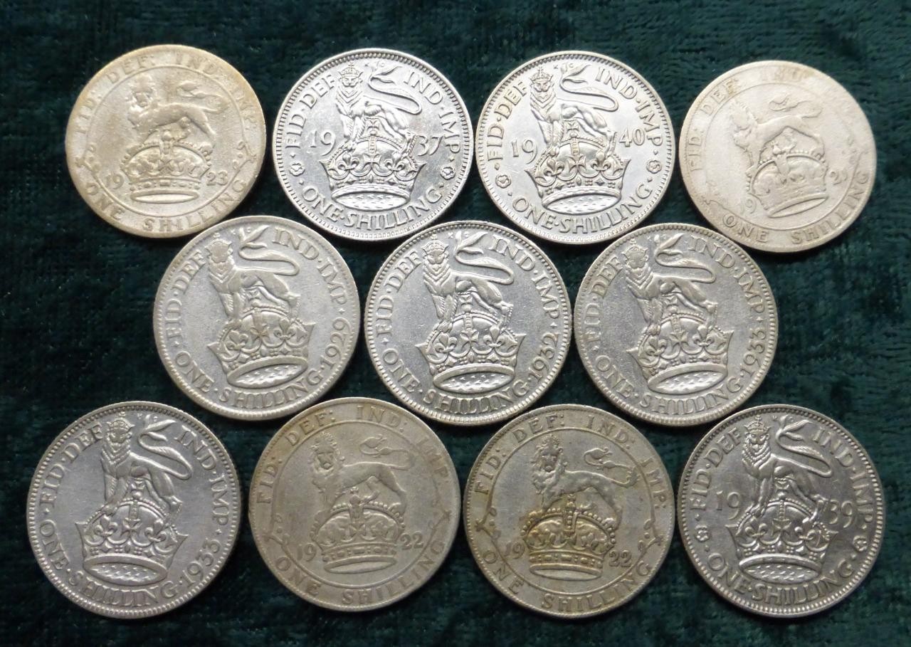 11 United Kingdom 50% Silver Shilling Coins, 1921, 1922, 1923, 1929, 1932...