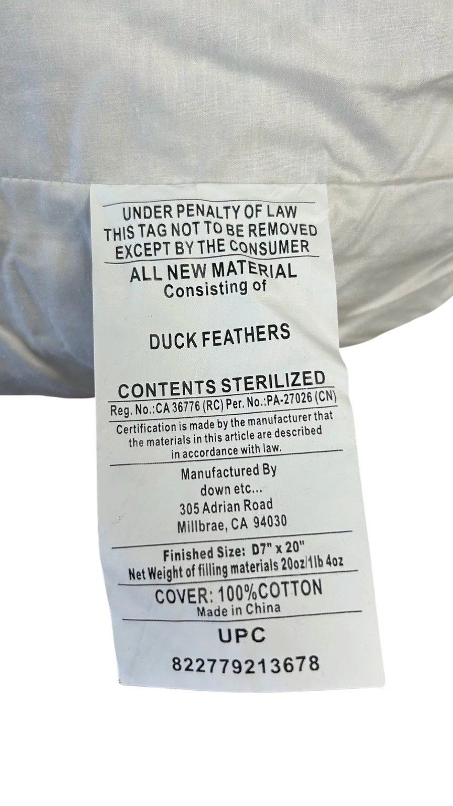 Down Etc. Bolster Pillow Insert - Duck Feather