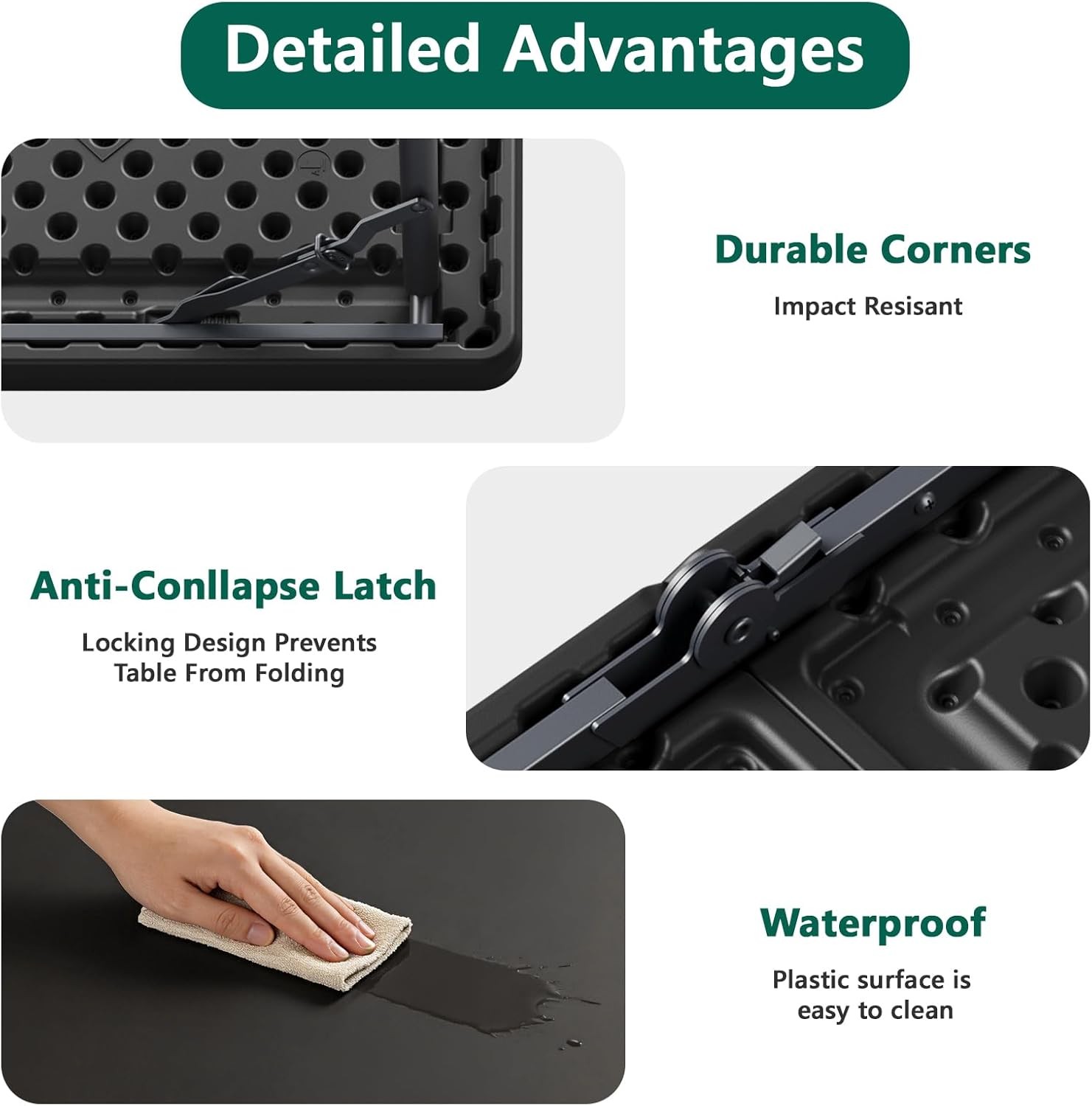 Folding Table 4FT Heavy Duty Plastic Table with Handle, Foldable&Portable, Fold-