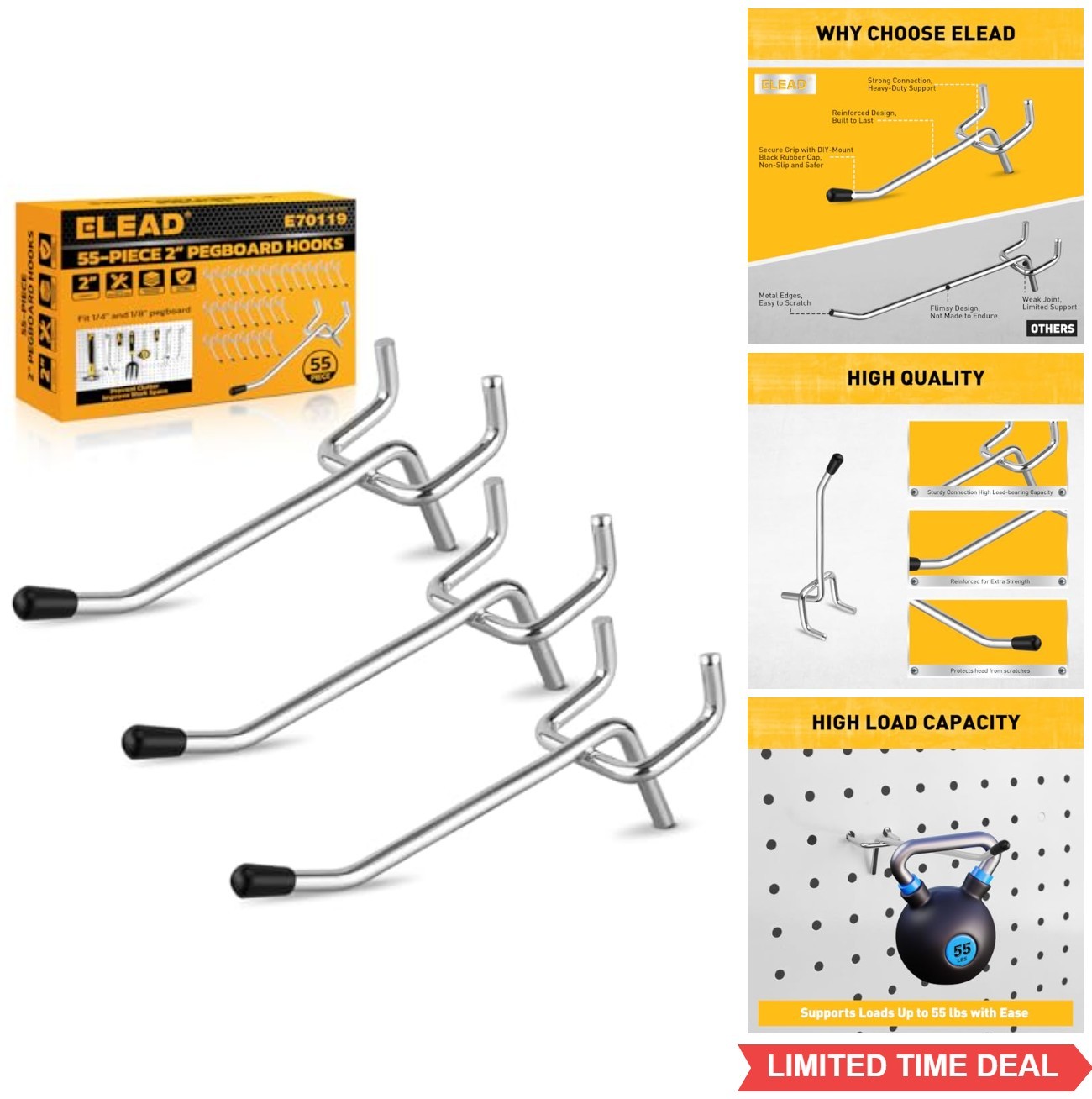 55 Pieces 2 Inch Pegboard Hooks Heavy Duty Steel Galvanized Rubber Tips Wall