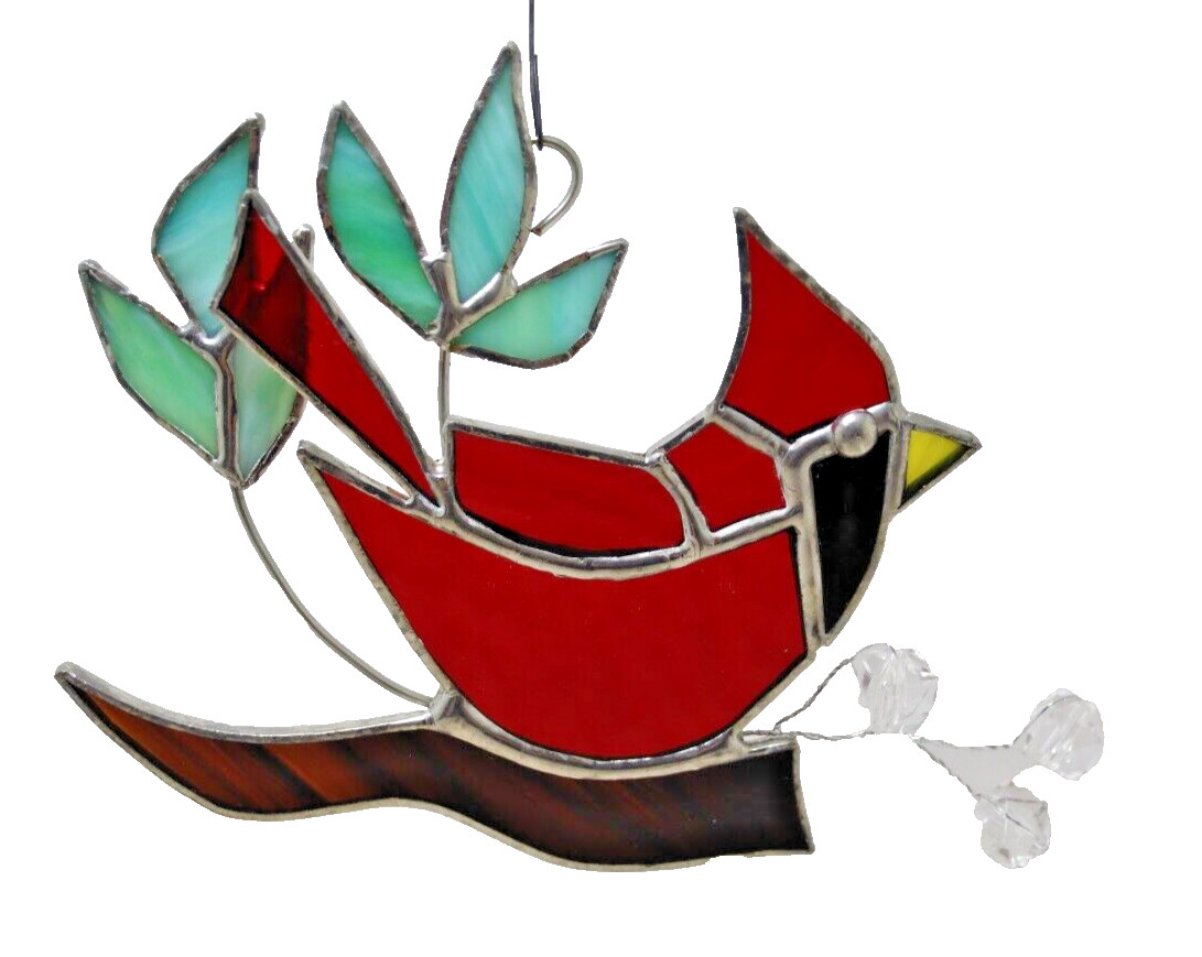 Sun Catcher Cardinal on Brown Branch with Crystal Berries 6.5 x 5 Inch