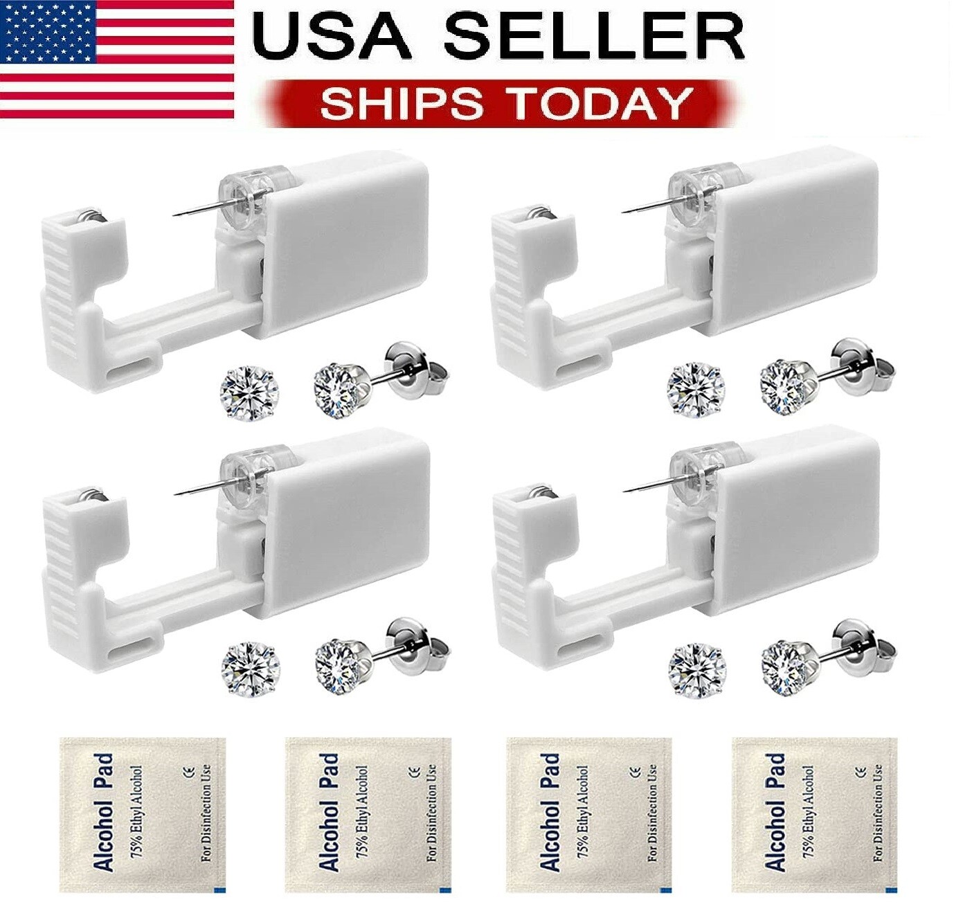 4× Ear Piercing Disposable Kit Silver Stud Earring Gun DIY Home Self Ear 2023 US