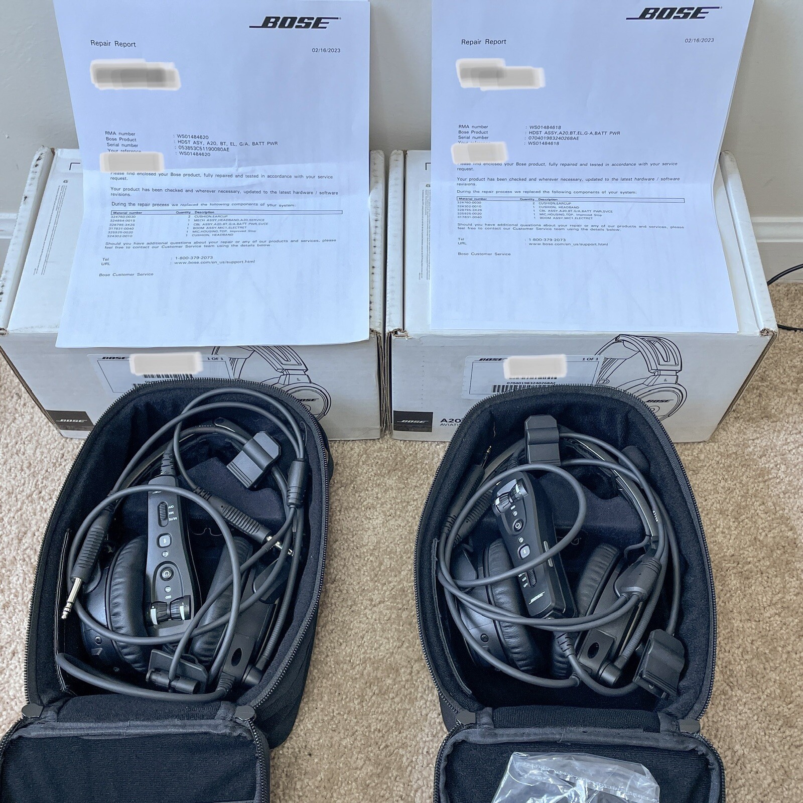 2X Factory Refurbished Bose A20 ANR Aviation Headsets Dual GA Plugs w/ Bluetooth