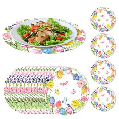 30 Pack Floral Placemats Set Tulip Flower Round Disposable Paper Placemats