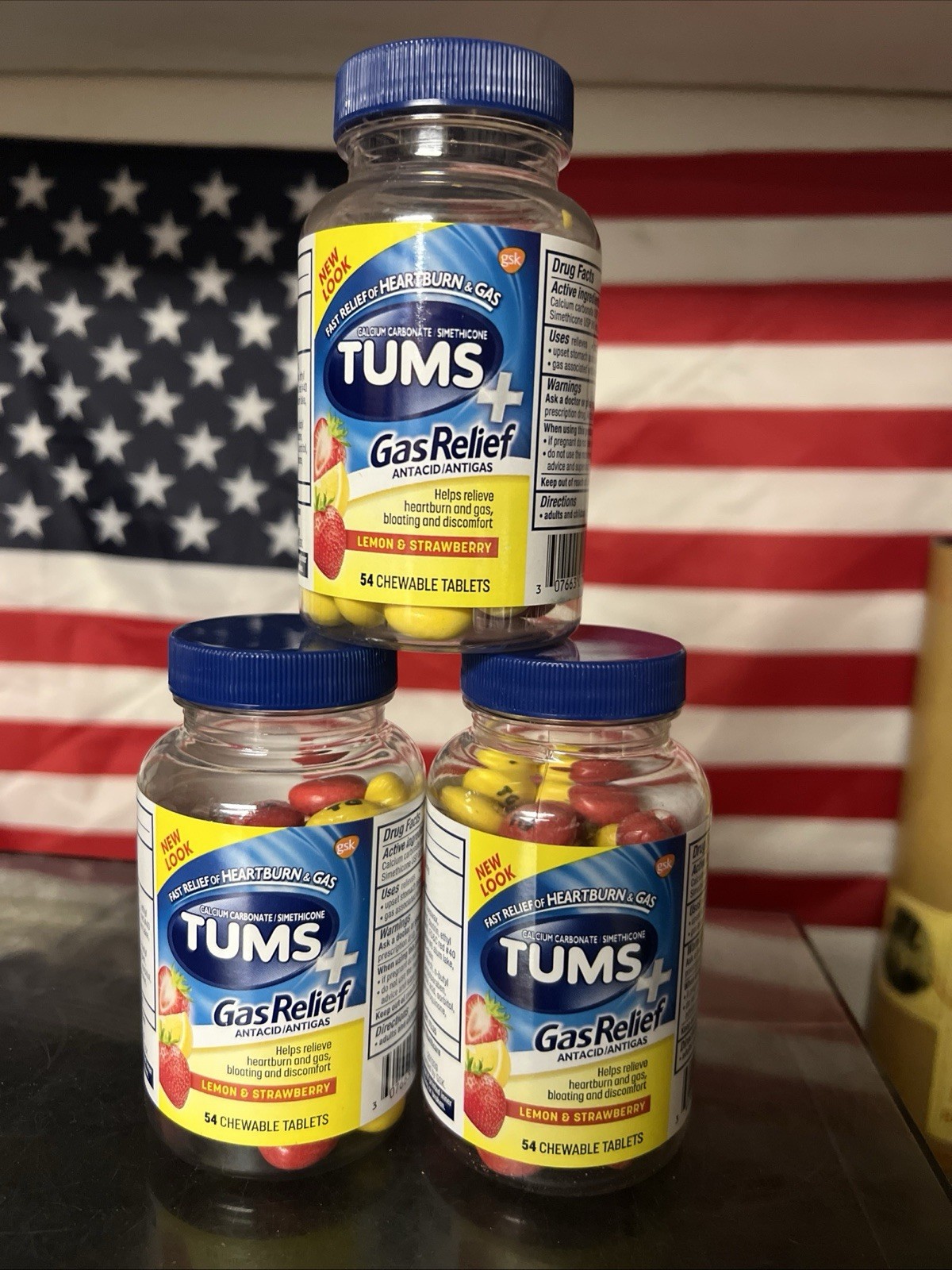 Lot 3 Tums + Gas Relief 750MG 54 Chewable Tabs Lemon & Strawberry EXP 03/27
