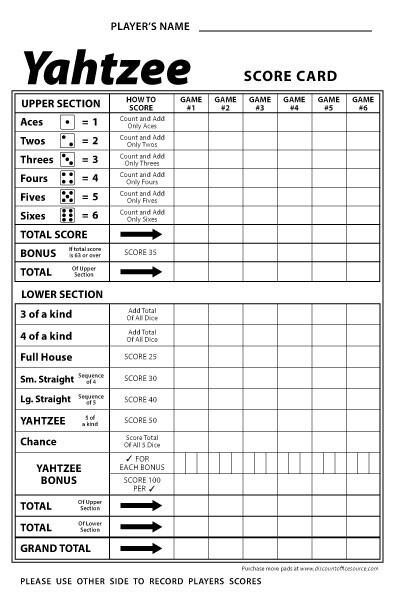 Yahtzee Score Card Pad Sheets Dice Game-Two-Sided (300 Sheets)--Printed in USA!!