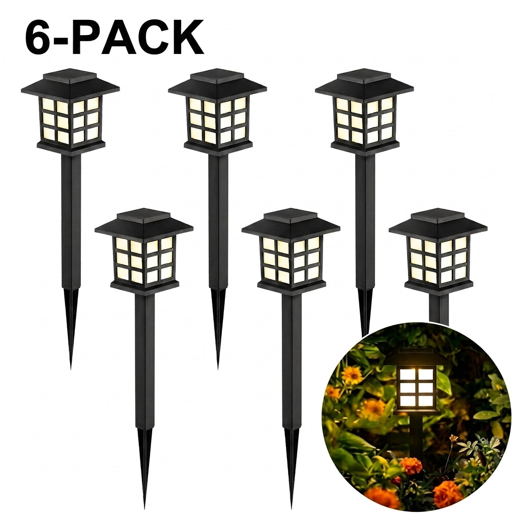 6 Pack Solar House Stake Lights Waterproof Warm White Outdoor Garden