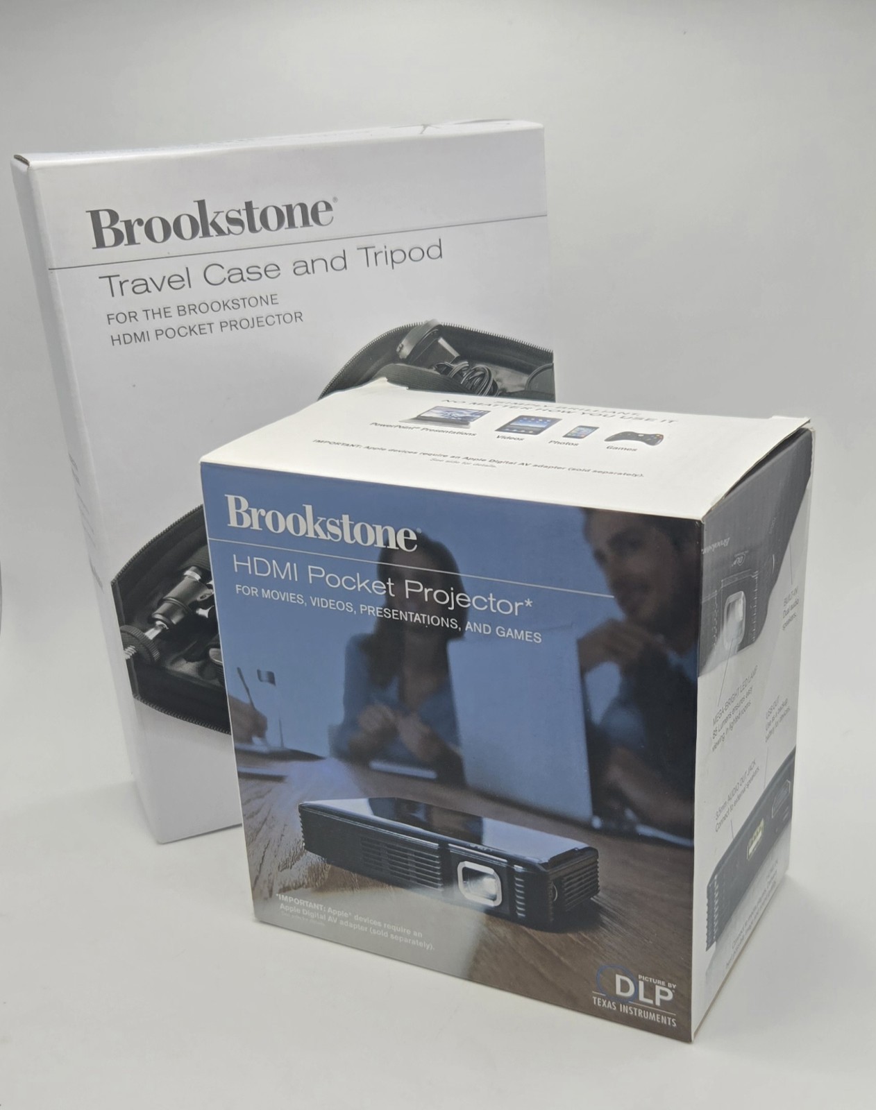 Brookstone HDMI Pocket Projector, Travel Case, and Tripod Bundle All NIB