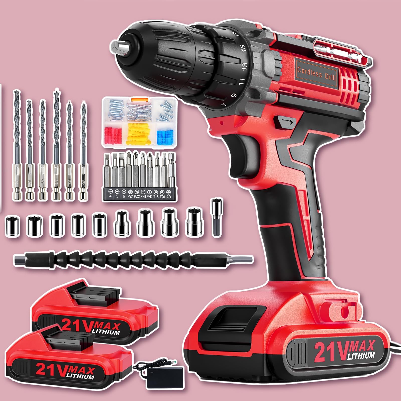 21V Cordless Drill Set Dual 2.0Ah Charger 3/8 Inch Chuck 25+1 Torque 90 PCS