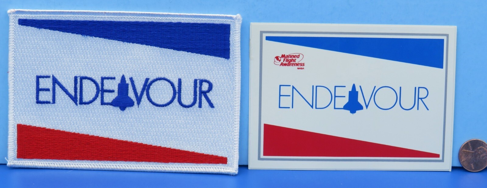 NASA PATCH / STICKER Pair '92 vintage Space Shuttle ENDEAVOUR orbiter - 5 x 3.5"