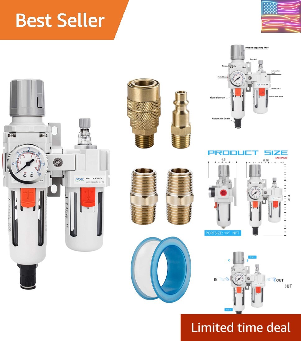 1/2" NPT Auto-Drain Air Filter Regulator Lubricator Combo FRL Water/Oil Trap ...
