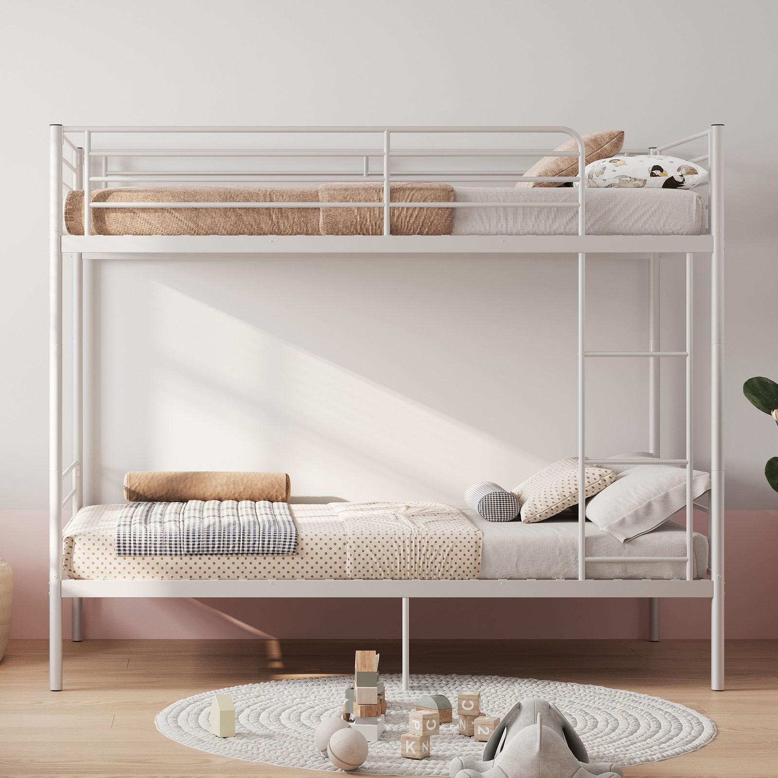 Metal Bunk Bed Twin Over Twin with Ladder, Guardrail, Splits into Two