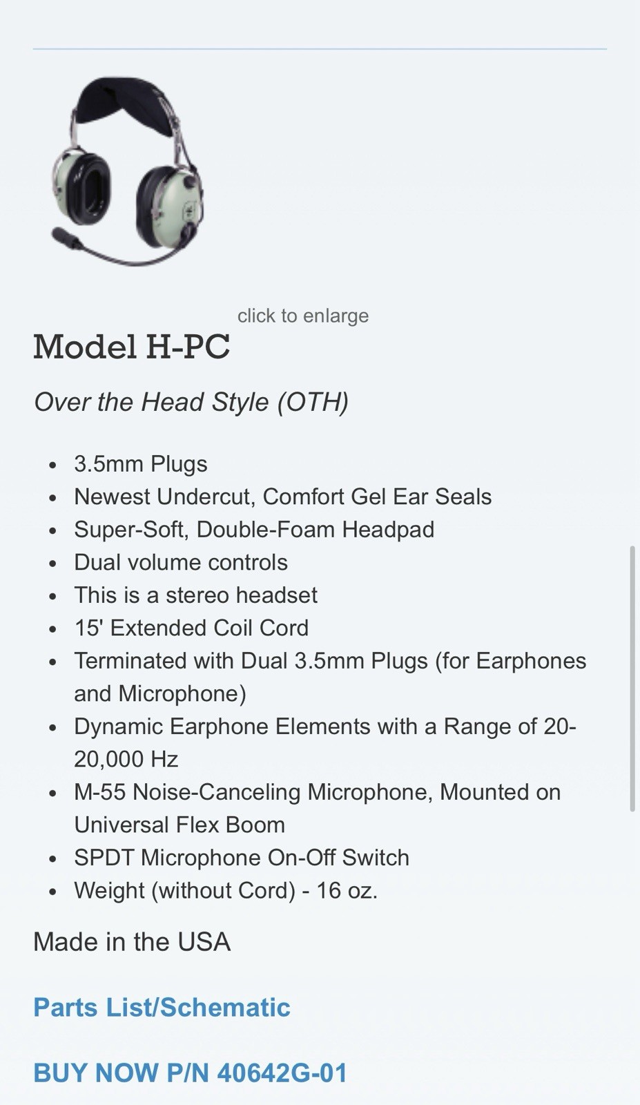 David Clark H-PC 40642G-01 Headset For Computers Tablets 3.5mm Jack Noise Cancel