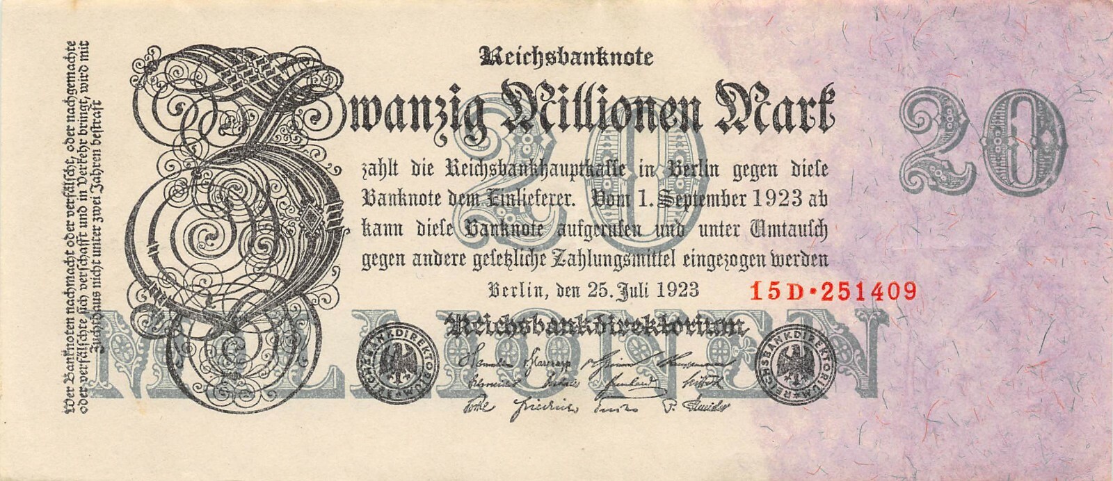 Germany  20,000,000  Mark   25.7.1923  Series  15D  Circulated Banknote PMGG