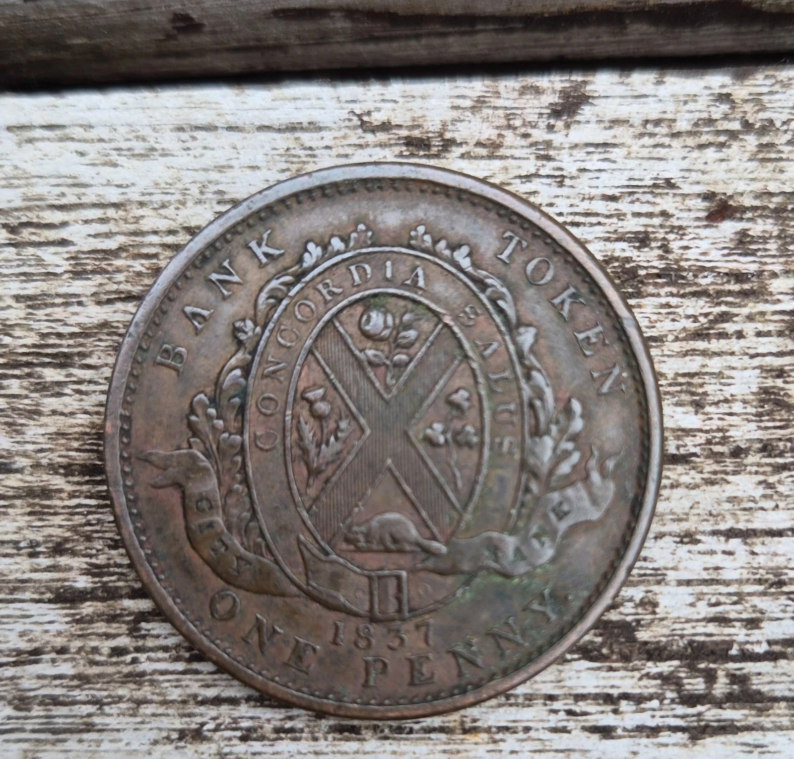1837 CANADA Quebec Bank Token Historic Antique VINTAGE One Penny Coin