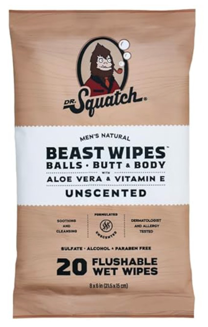 Dr Squatch Beast Wipes Flushable Wet Wipes 20 count Unscented