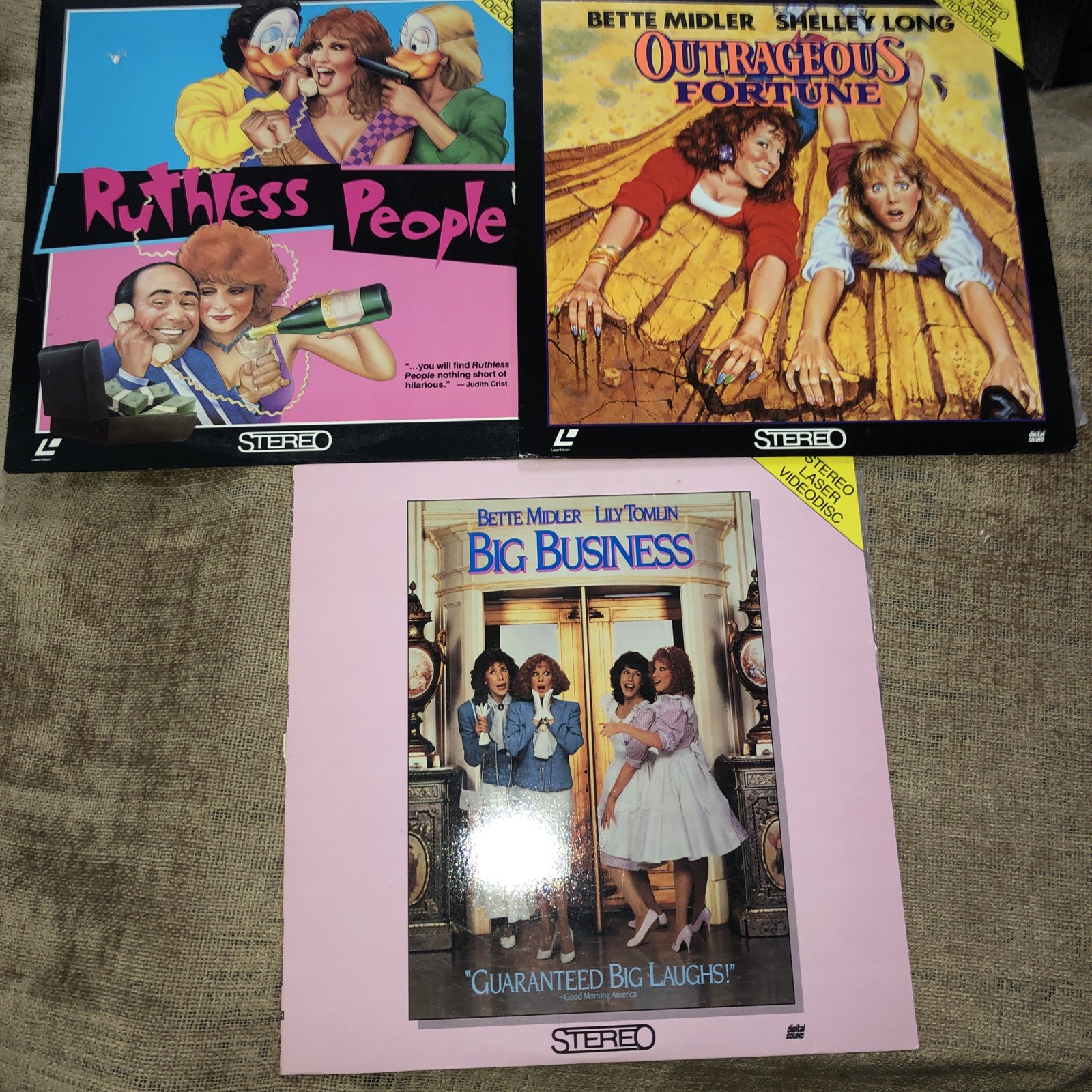 Bette Midler 3 Laserdisc LOT Outrageous Fortune, Big Business, Ruthless People