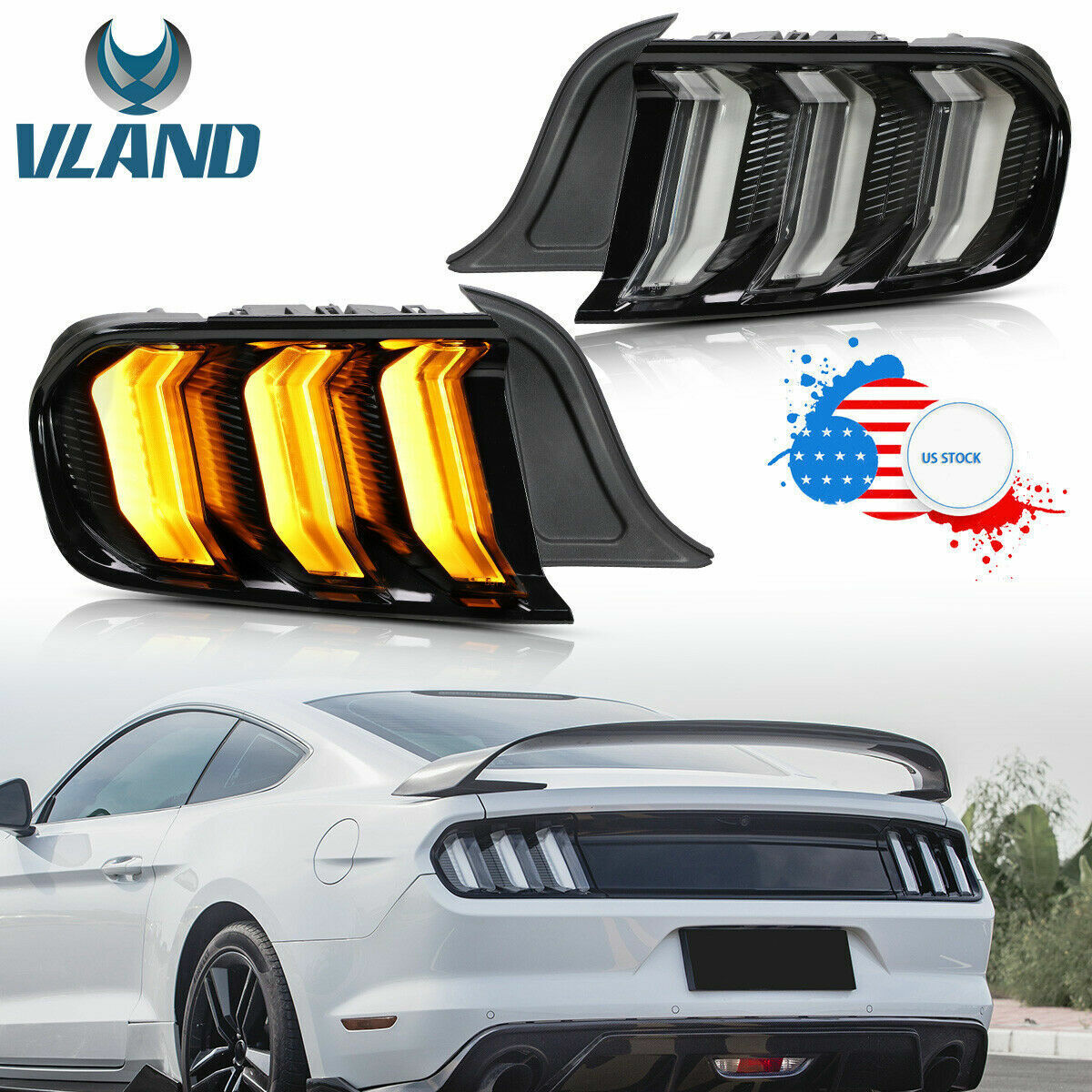 VLAND LED Clear Tail Lights Sequential Fit 2015-2023 Ford Mustang W/5 Modes Set