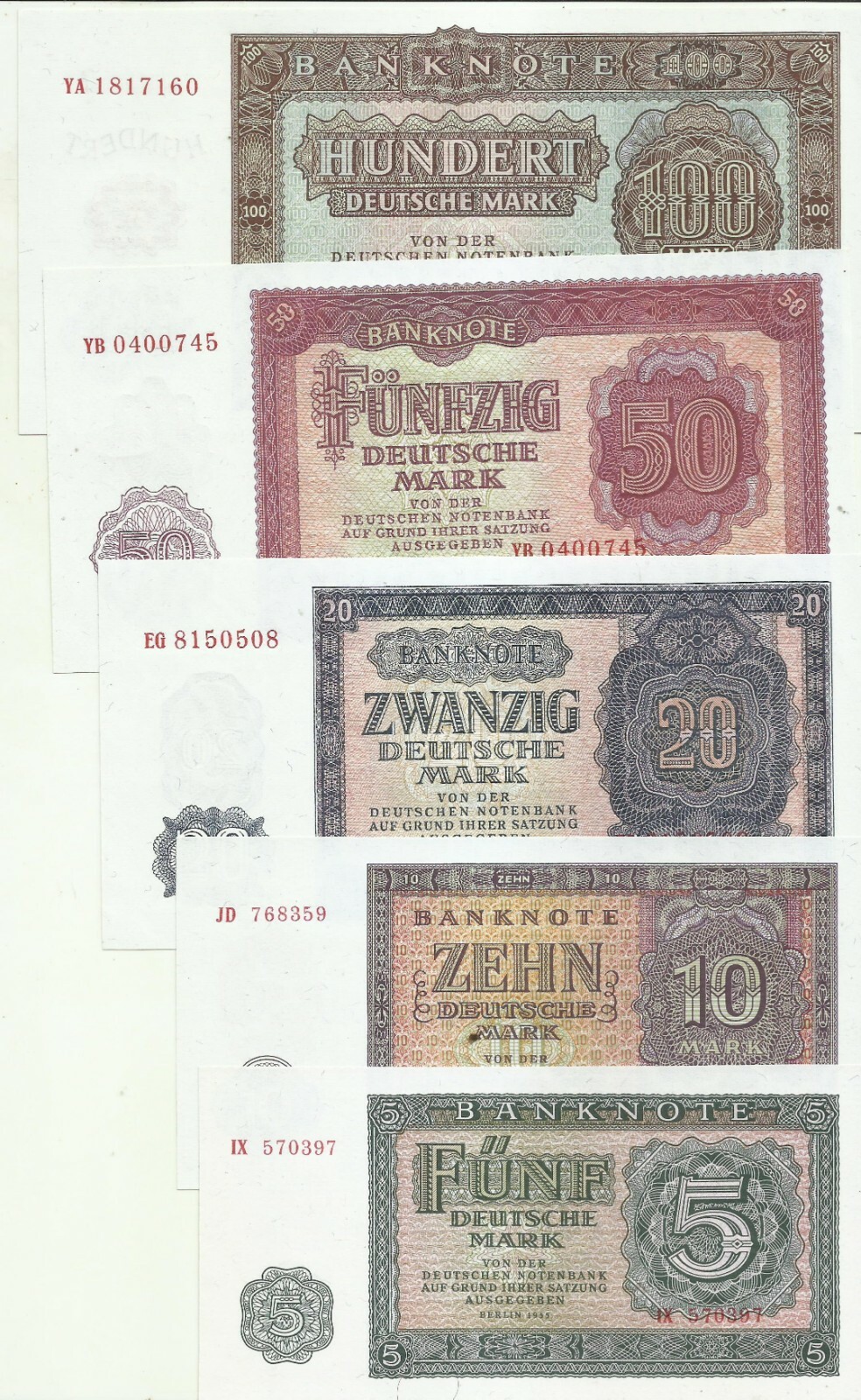 GERMANY DDR COMPLETE SET 5 NOTES 100-5 MARKS 1955. UNC CONDITION. 7RW 09ABR