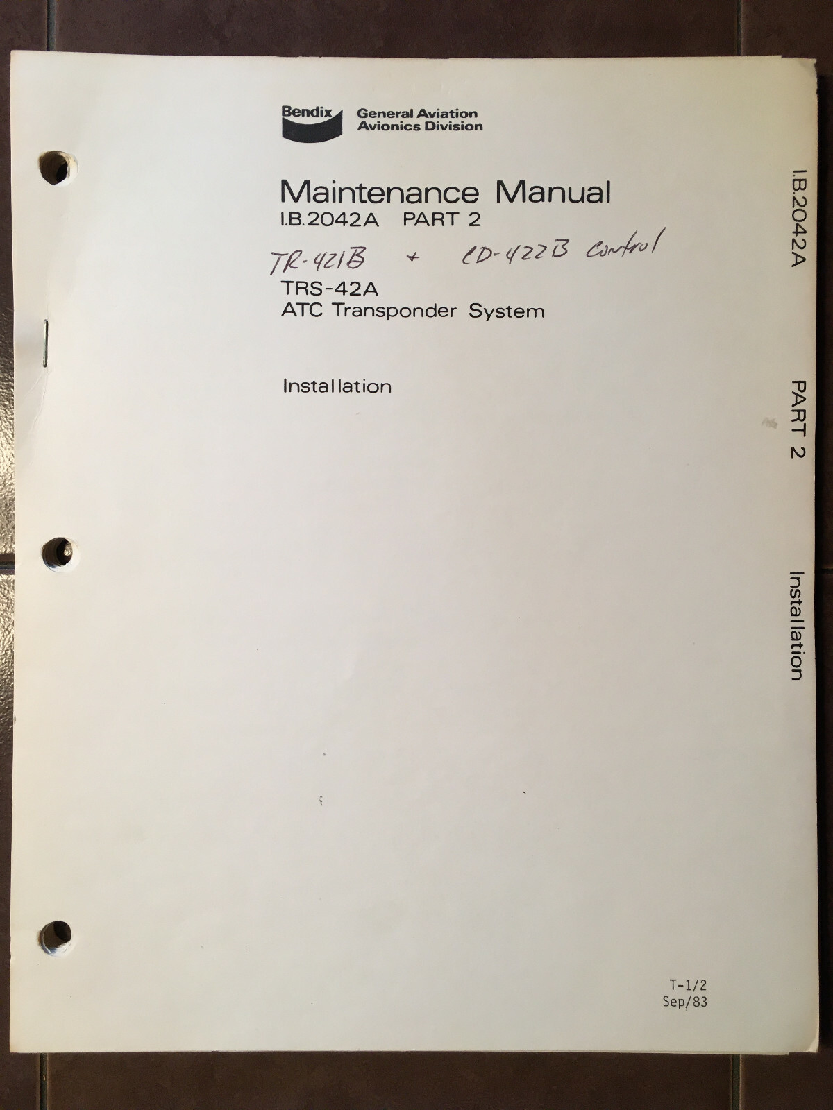 Bendix TRS-42A Transponder System install manual, covers TR-421B & CD-422B