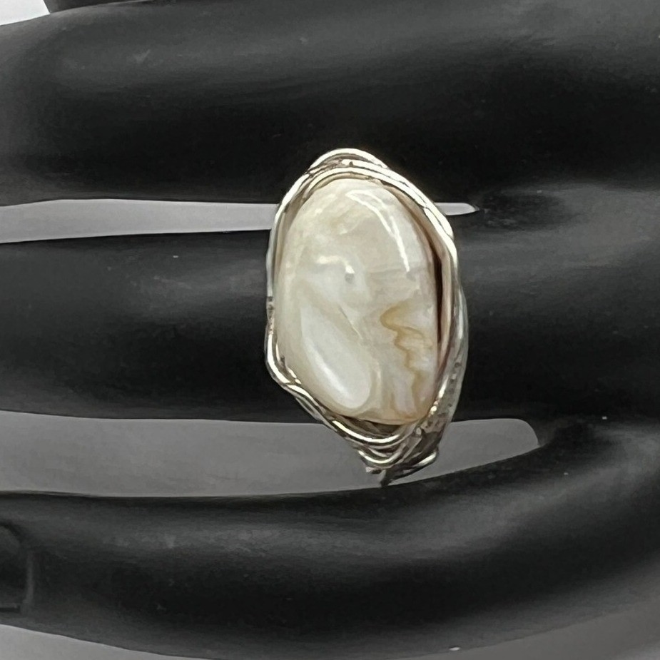 Artisan Silver Tone Wrap Ring White Stone Hand Made Size 6
