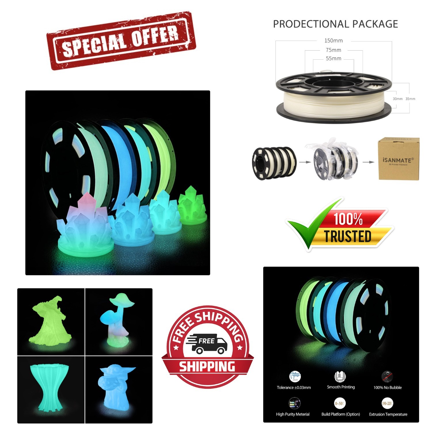 Multicolor Glow in the Dark 3D Filament - 1.75 mm, Vacuum-Sealed for Freshness