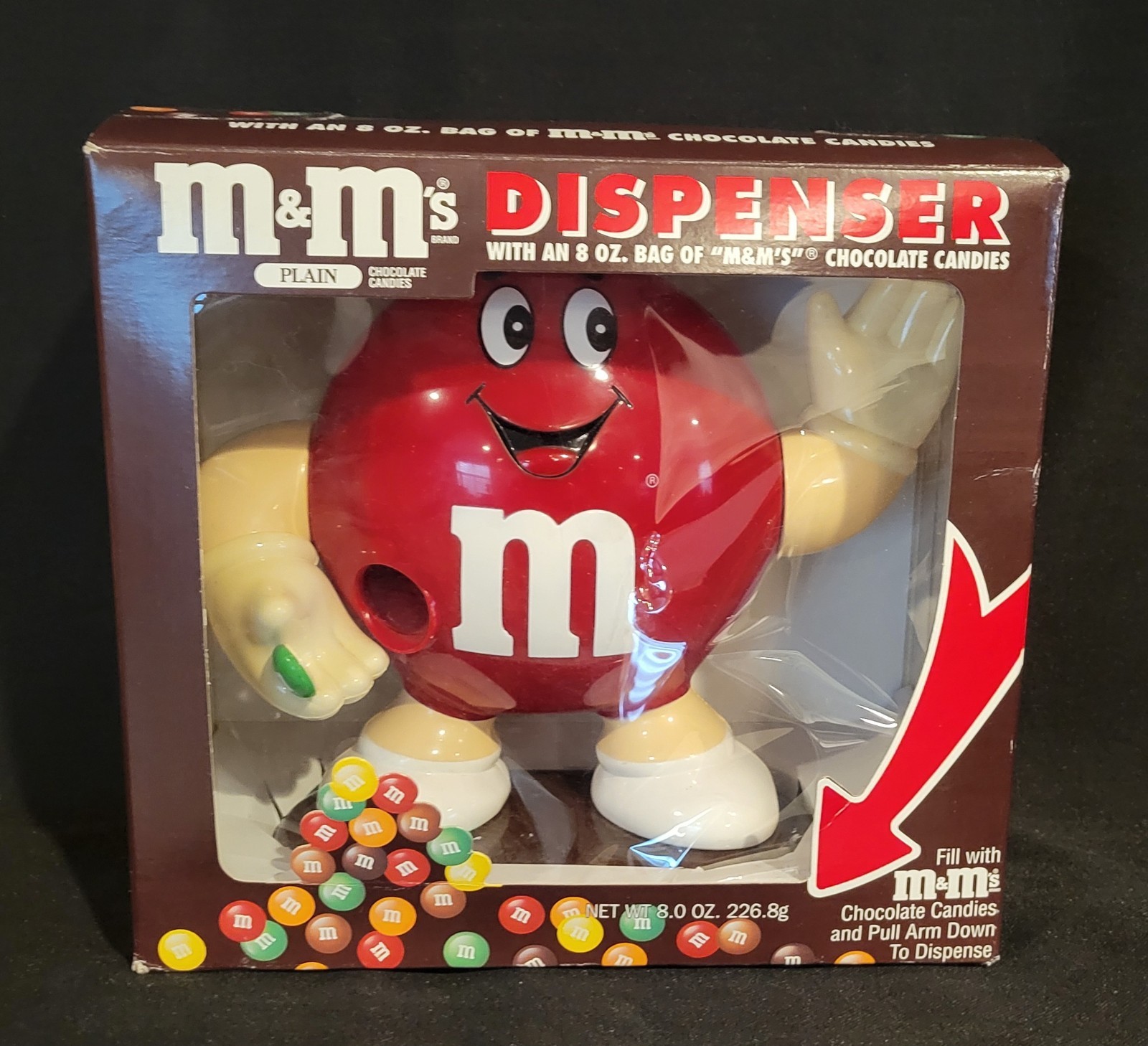 M&M RED CANDY DISPENSER 10" TALL MARS INC w/ORIGINAL BOX  VINTAGE 1992