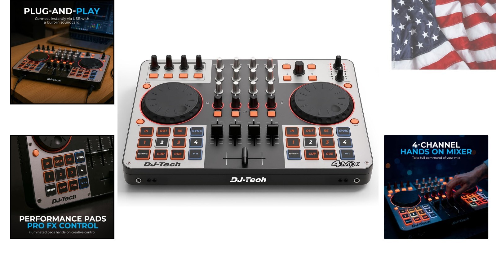 DJ Controller, USB MIDI 4-Deck Control with Integrated Soundcard, 4-Channel M...