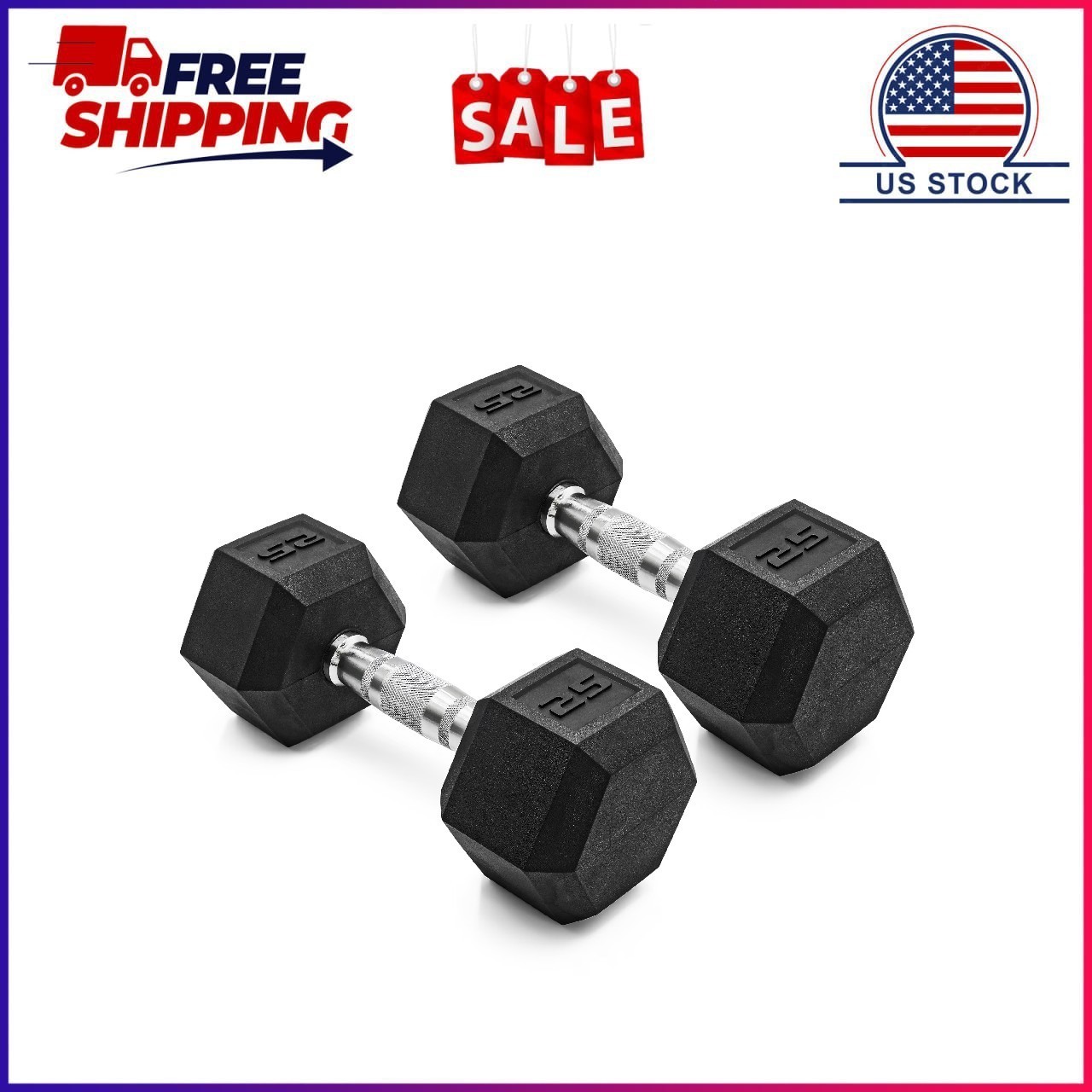 CAP Barbell, 25lb Coated Rubber Hex Dumbbell, Pair (No-Roll Design, Ergonomic St