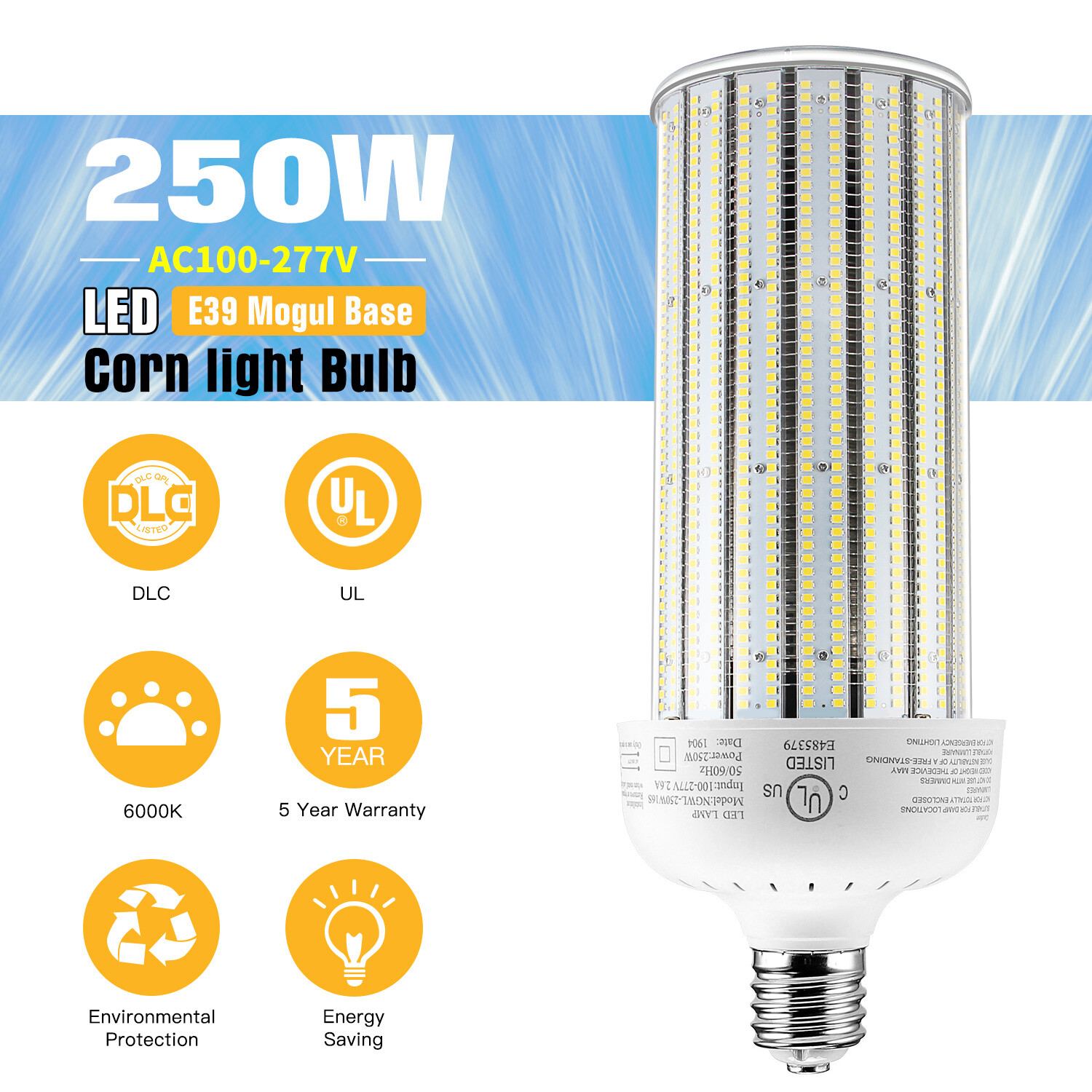 250W LED Corn Light Bulb E39 6000K Warehouse Industrial High Bay Lighting UL