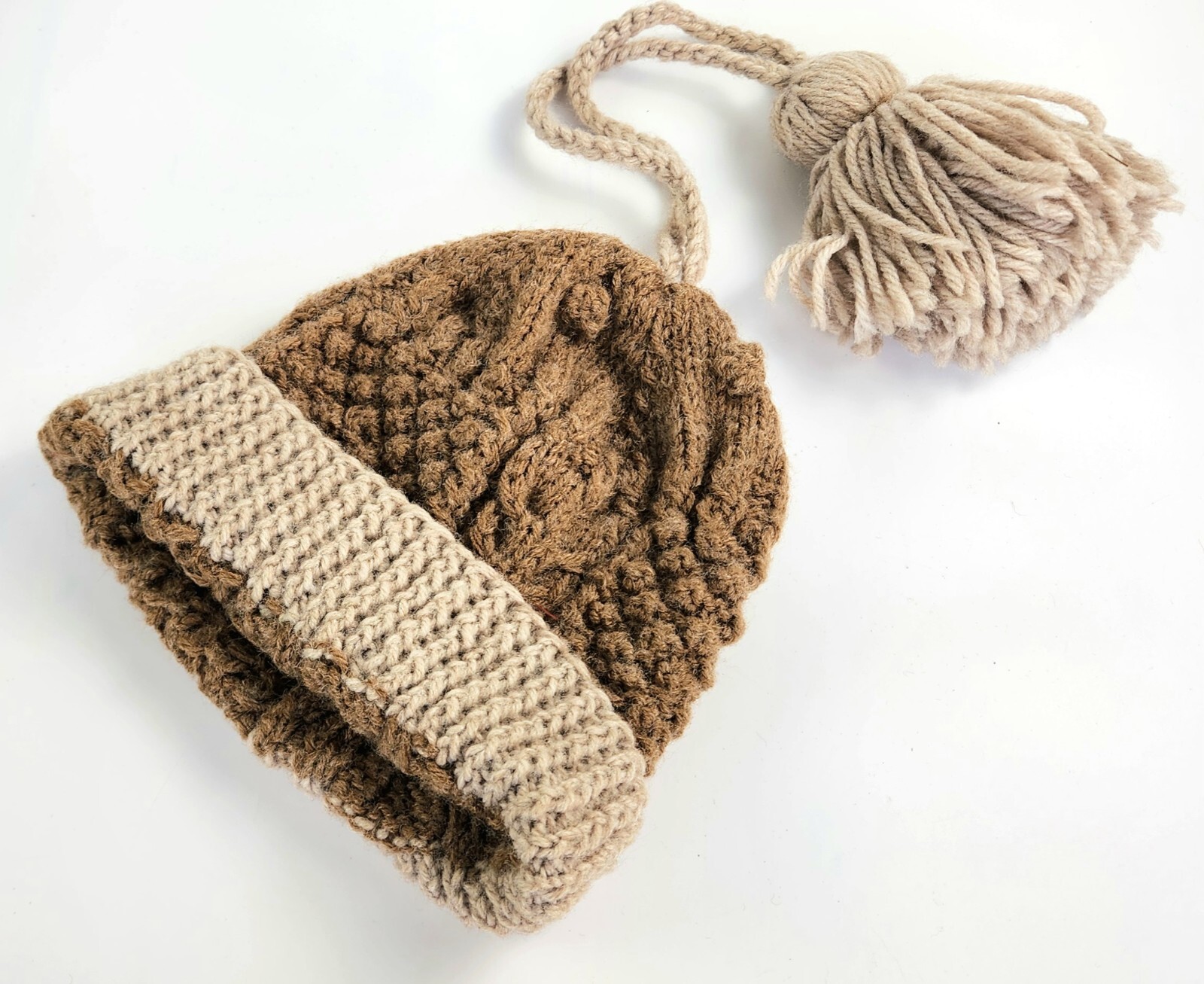 Vintage- Winter Hat - Handmade - Brown & Beige - Knitted