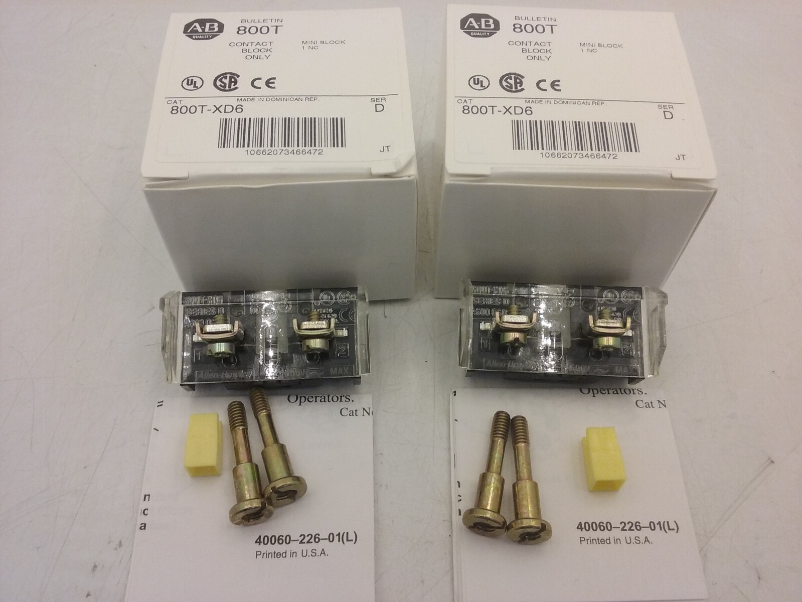 ALLEN BRADLEY 800T-XD6 CONTACT BLOCK 1NC 30MM MINI BLOCK SERIES D (LOT OF 2) NIB