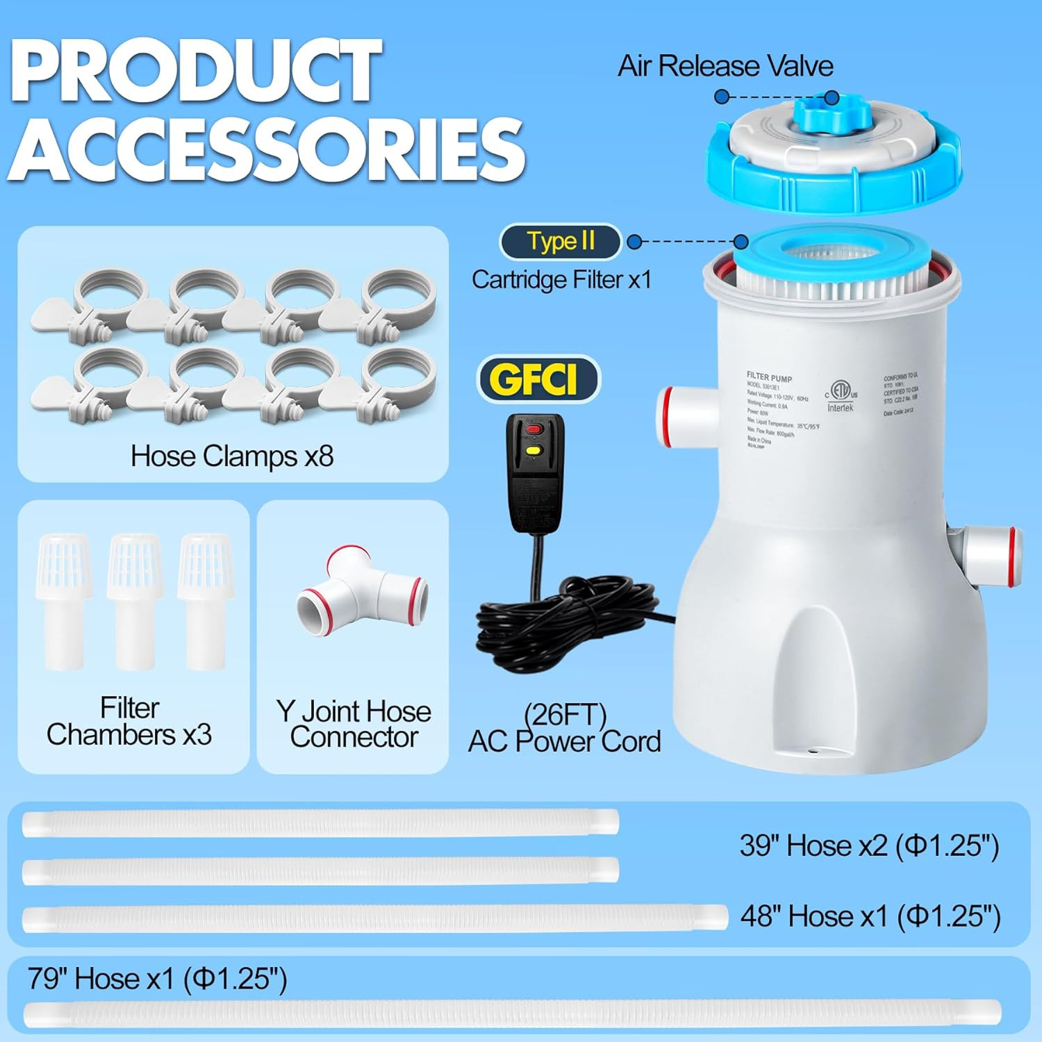 800 GPH above Ground Pool Filter Pump, Energy-Saving Pool Cartridge Filter Pump