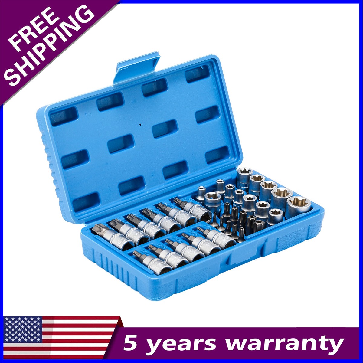 34pcs Torx Star Socket & Bit Set Male Female E & T Sockets Torx Bits Male Female